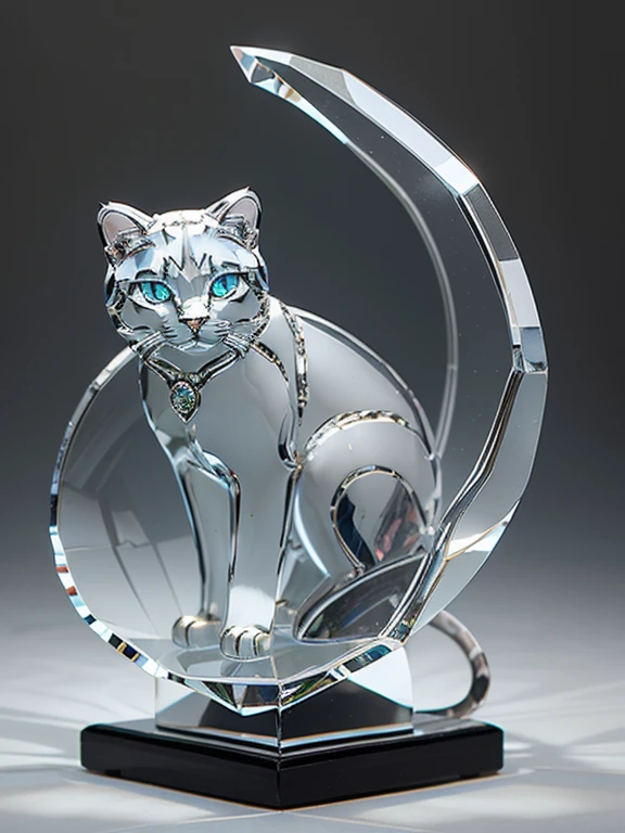 Perfect Crystal Cat Sculpture of great beauty and delicacy, cat sculpture made of transparent glass, of a baby cat's vermillion filled with bioluminescent flowers, artistic dynamic colors, brights, luminous, insanely detailed beautiful crystallized cat, meticulously detailed filigree tabby cat, 1 Bioluminescent Striped Gray Tabby Cat, translucent cat sculpture, bright, sparkling, contrast and saturation, underwater particles, translucent glass tabby cat sculpture, magnificent magical fantasy artwork, ultra high quality, luminous gray cat, A hyper-realistic digital work of a delicate and transparent glass sculpture, Optical glass cat, photorealistic, portrait translucent glass cat sculpture...