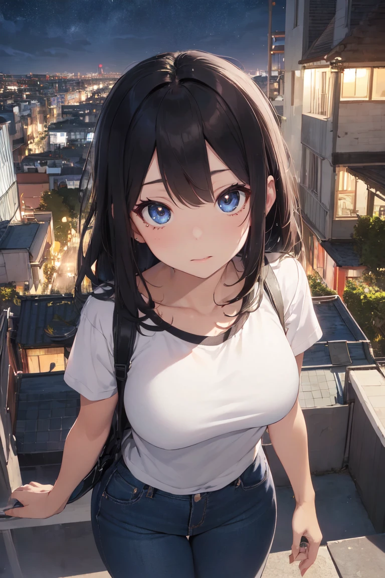 ((Midnight, Best Quality, 8k, masterpiece :1.3)), whole body, long legs, sharp focus :1.2, blue eyes, A pretty woman with a perfect figure. :1.4, slim abs :1.1, ((Dark brown hair, big breasts :1.2)), (White fitted t-shirt, Bib jeans, standing:1.2), ((Night view of the city, ceiling:1.3)), Very detailed face and skin texture., detailed eyes, double eyelid