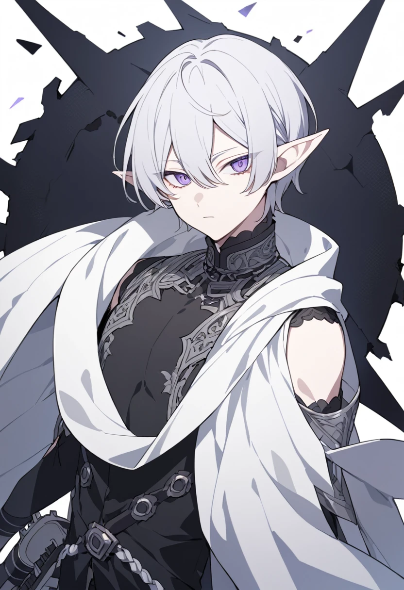 Estilo chainsaw man: A man with long silver hair that reaches his shoulders, with detailed purple eyes and elf ears, he wears a white scarf and black clothes