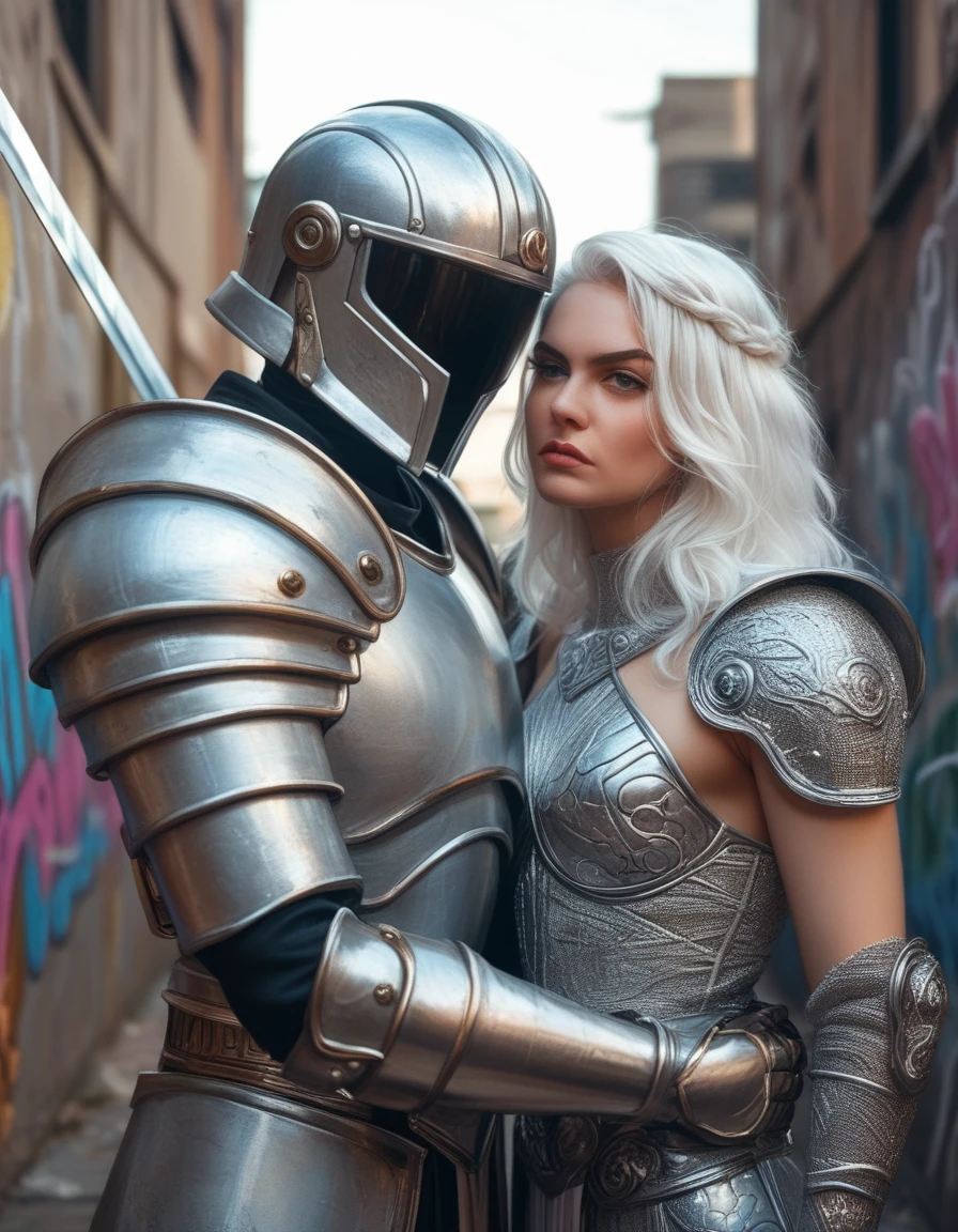 Digital fantasy artwork featuring a character Griffith with long, flowing white hair and a serious expression. The character has fair skin and is dressed in elaborate, silver armor adorned with wing-like designs on the shoulders and arms. The armor is highly detailed, with a metallic sheen and intricate patterns. The background is a blend of light blue and white hues, giving a celestial or ethereal atmosphere. The character holds a helmet under one arm and a sword in the other hand. At the bottom right corner of the image, the phrase "Artvision1999" is printed in 3D, graffiti-style metallic letters, with a subtle glow effect to give it a sense of depth and modernity. The overall composition is dynamic and visually striking, with a focus on the character's powerful and majestic presence.