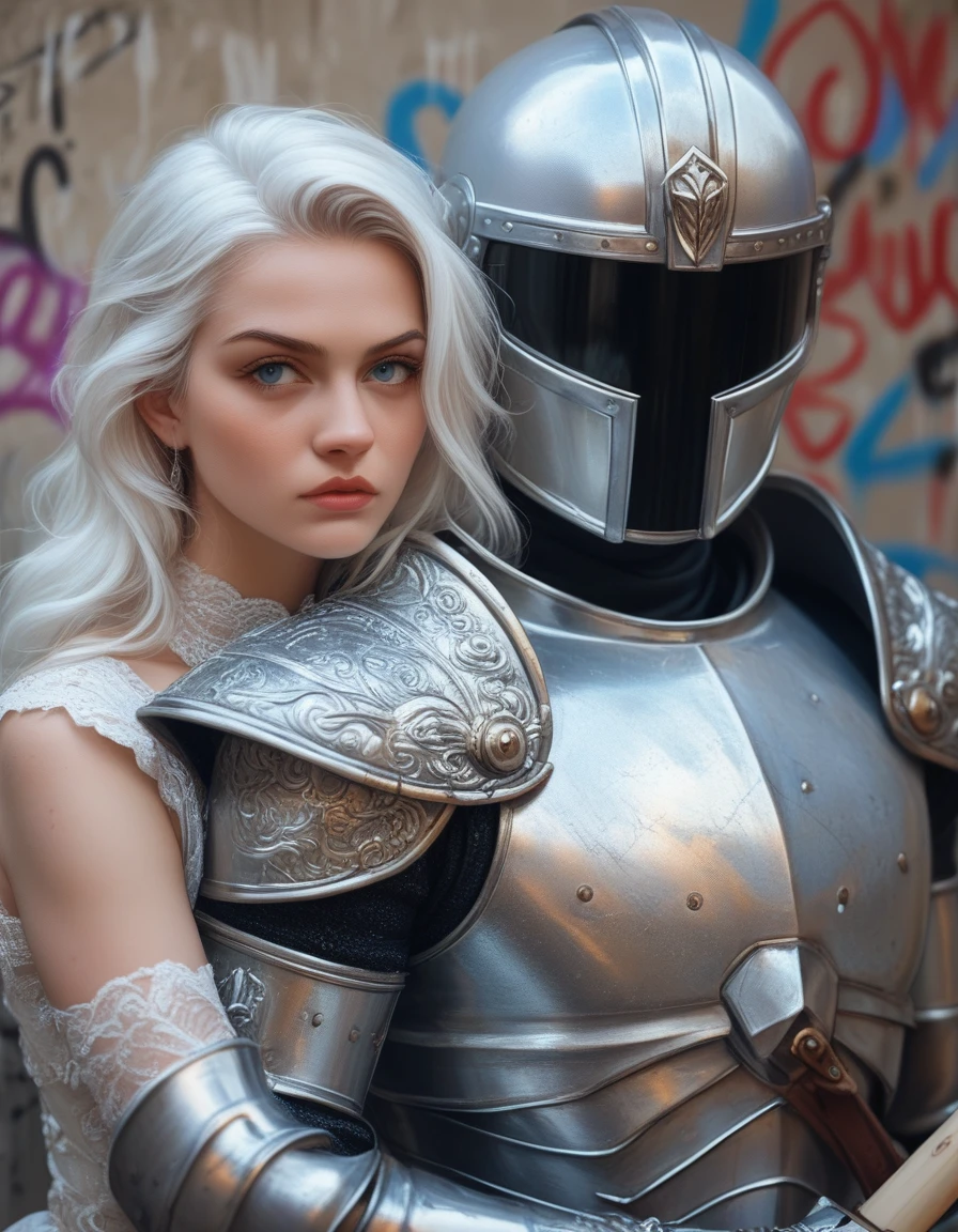 Digital fantasy artwork featuring a character Griffith with long, flowing white hair and a serious expression. The character has fair skin and is dressed in elaborate, silver armor adorned with wing-like designs on the shoulders and arms. The armor is highly detailed, with a metallic sheen and intricate patterns. The background is a blend of light blue and white hues, giving a celestial or ethereal atmosphere. The character holds a helmet under one arm and a sword in the other hand. At the bottom right corner of the image, the phrase "Artvision1999" is printed in 3D, graffiti-style metallic letters, with a subtle glow effect to give it a sense of depth and modernity. The overall composition is dynamic and visually striking, with a focus on the character's powerful and majestic presence.