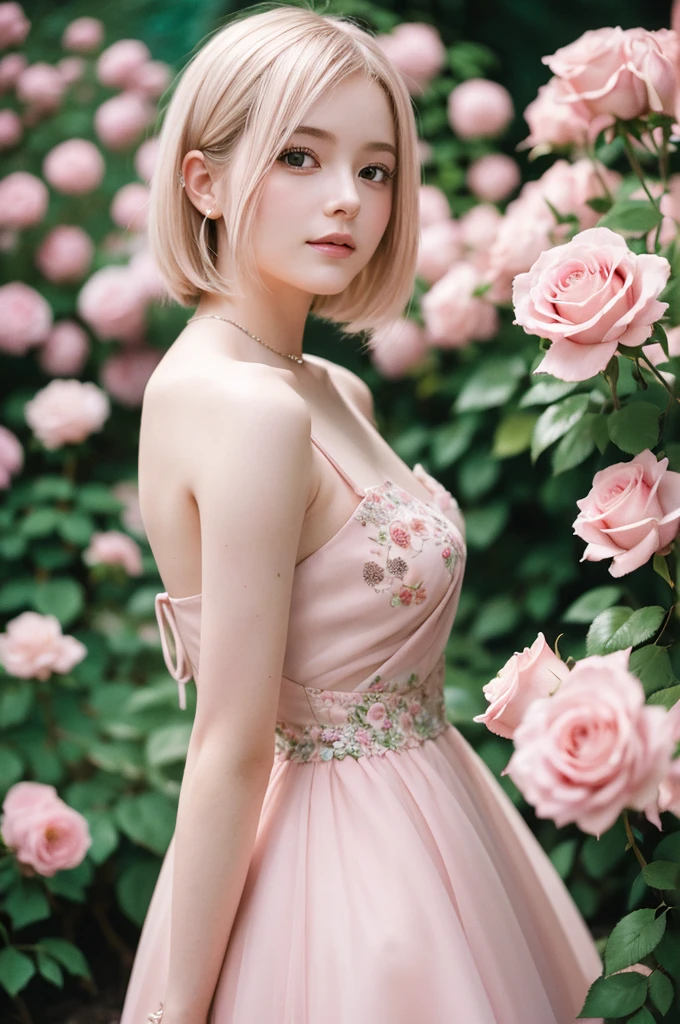8k, RAW Photos, Fujifilm, Avril-like style photo of a beautiful young woman in a garden of pale pink roses (Highly detailed skin: 1.2) Style Petal Break Short Hair, Blonde and colored hair, Wear a dress, Film Granulation, 35mm, Cute Style