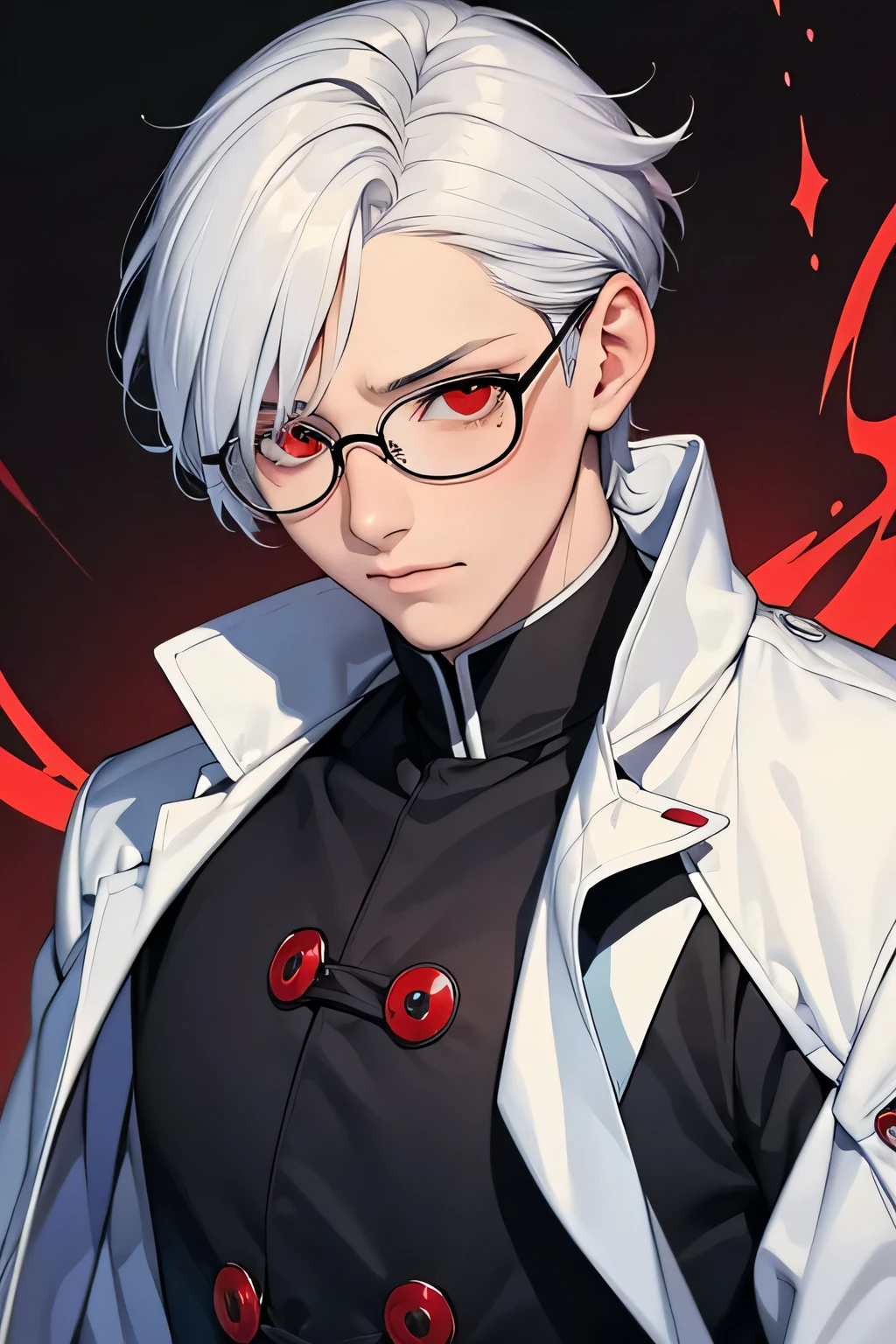 Spawns a boy with white hair, Red eyes, large eyes, glasses, small face, black uniform, and looking at the camera blushing