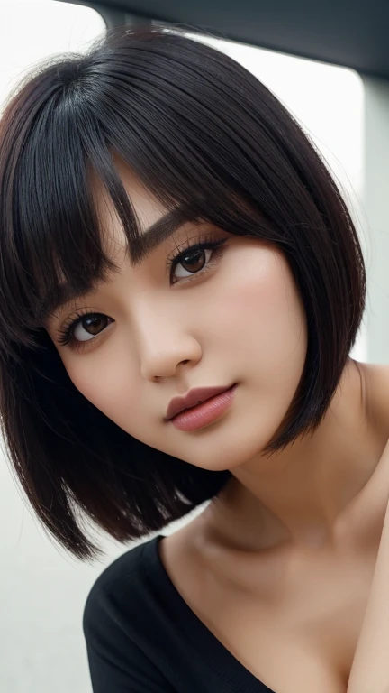 a close-up of a woman with , ela tem cabelo preto with bangs, hime black haircut, ulzzang, korean, with short hair with bangs, with short hair, dilraba dilmurat, garota korean cruel, hairstyle with bangs style, with bangs, korean symmetrical,,,,,,,,,,,,,, ultra-detailed portrait of lips with dark nude lipstick.The image is full HD with impressive clarity that captures every detail,from the soft lines of the lips to the subtle shine of the lipstick. the lighting accentuates the depth of the color,creating a dramatic and seductive effect,with a dark background to contrast and highlight the lips. with a v-neck shirt highlighting her beautiful breasts.