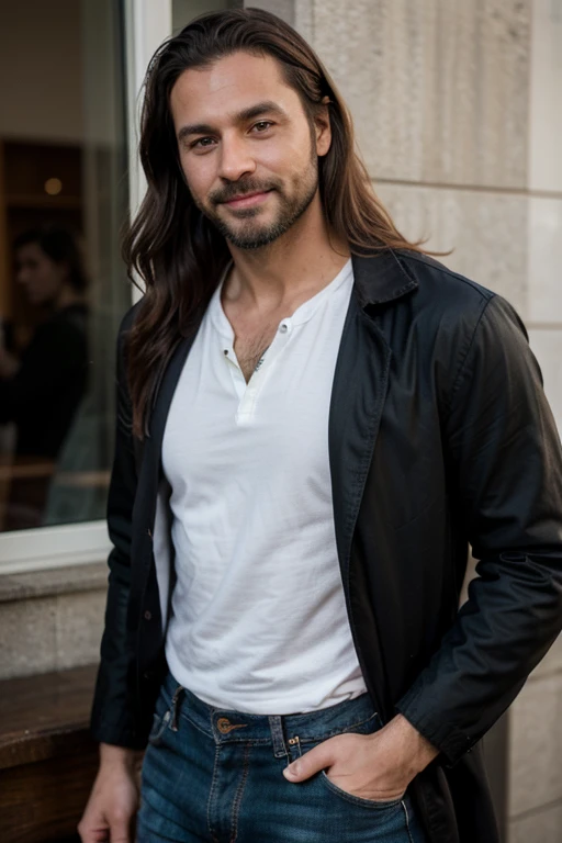 Tall 1.85 metres, English Male, 38 years old, muscular, thin, unshaved stubble beard, olive skin, tanned, handsome green eyes, deep sight, wavy long hair, classy dressed casual badass, in black clothes smiling, he wears a black jacket and jeans.