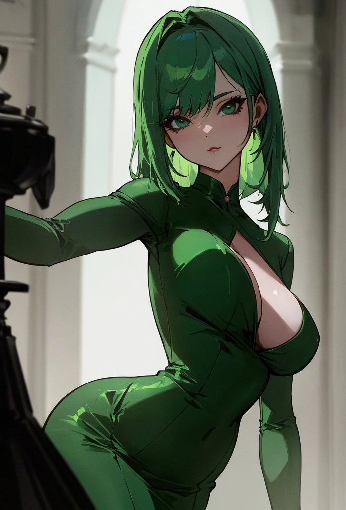 Woman green hair green tight dress at a party dark lights busty