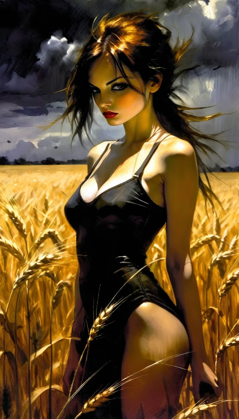 a sexy girl in the middle of a wheat field, serious, stare, dark clouds, eroticism, sexy image, black and white, between shadows, oil painting, chiaroscuro, sensual lighting, dramatic, moody atmosphere, emotional impact, Bill Sienkiewicz inspired art