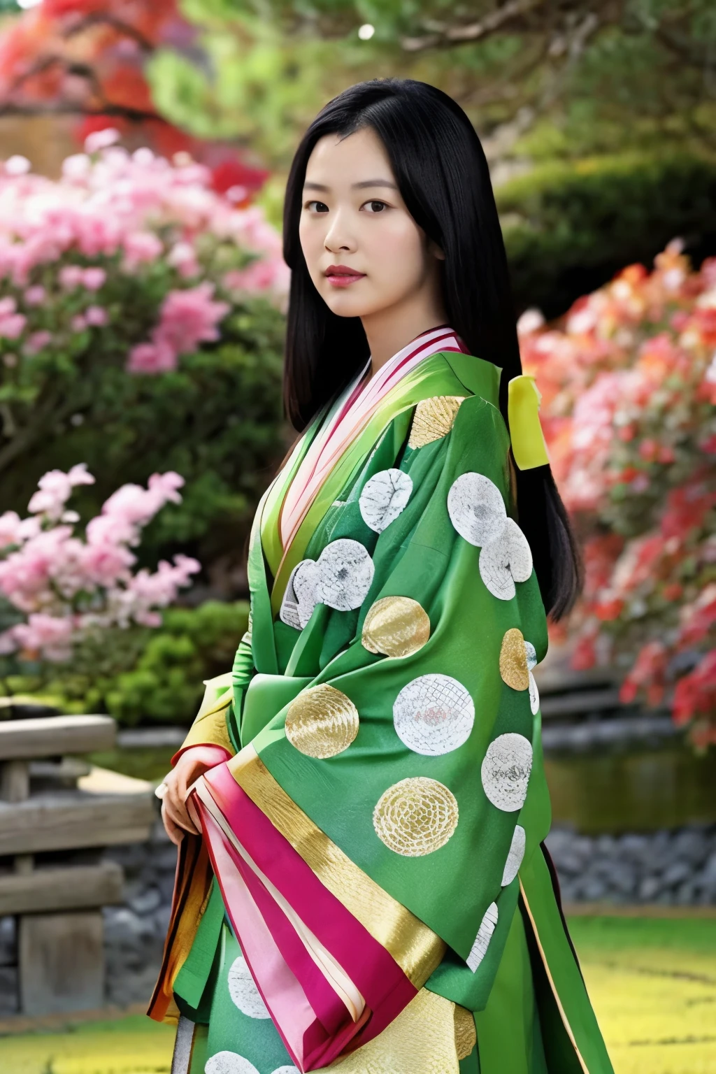 Front view , ( standing on garden), a Japanese ancient girl,  (Princess Kaguya),looking at viewer, beautiful Japanese Young General, girl is 18 years old, (Highly detailed face, Black hair ,Brown eye, Variegated eyes, Fuller lips, little Lips, serious), (C cup breasts, wide hip),(Japanese kimono ), sunrise ,(masterpiece, Highest quality, masterpiece, God-like quality, Godly art,Very realistic)