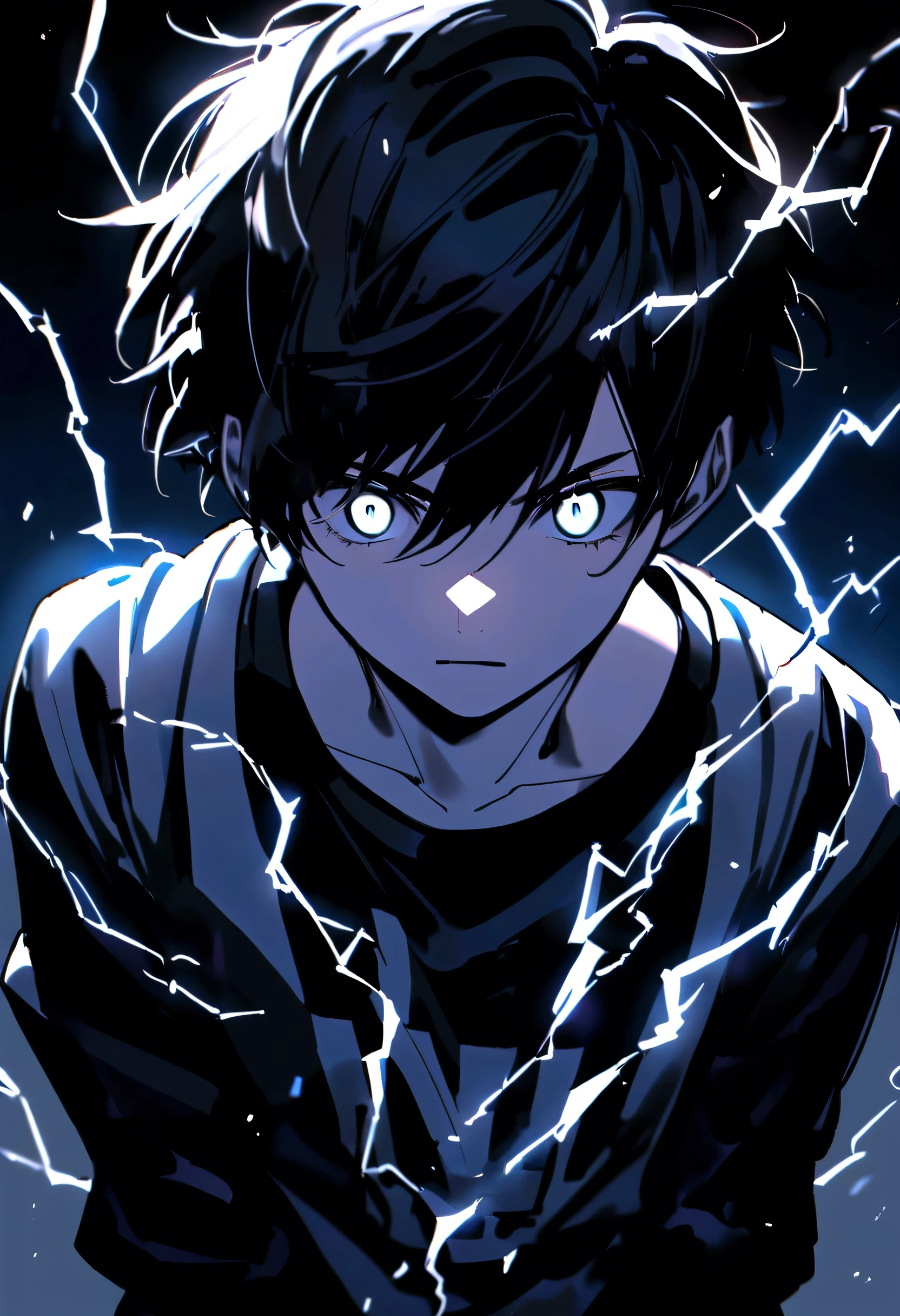 Man 17 years old Long black hair black and white sweatshirt with electricity on his body