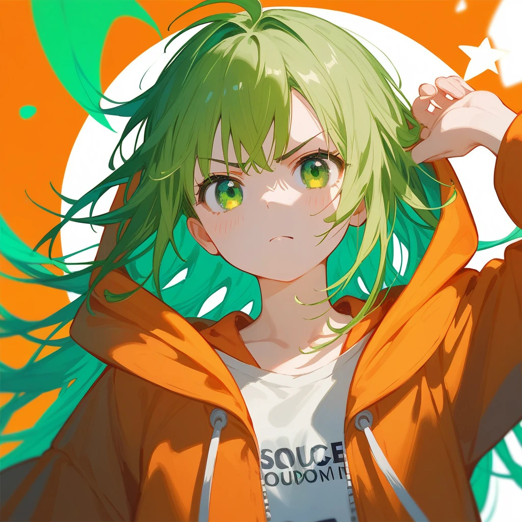 core_9, score_8_up, score_7_up, score_6_up, score_5_up, score_4_up, souce anime,,anime style,best quality,detailed (heir|eye),select and generate best screen effect),((1girl,long-deepgreen-hair,green-eyes,orange-hooded-jacket)),しかめっ面	Scowling face