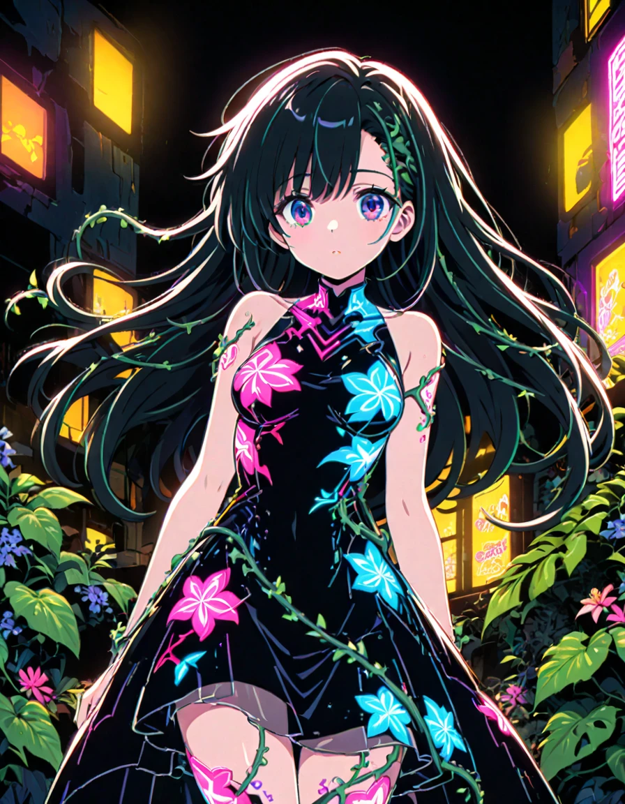 A beautiful anime girl in the style of Shoujo manga, stained glass dress, black background, vibrant colors, night time, cyberpunk, flowers and vines everwhere, neon lights glowing through all the plants and foliage --ar 71:128 --s 750 --niji 6 --style raw