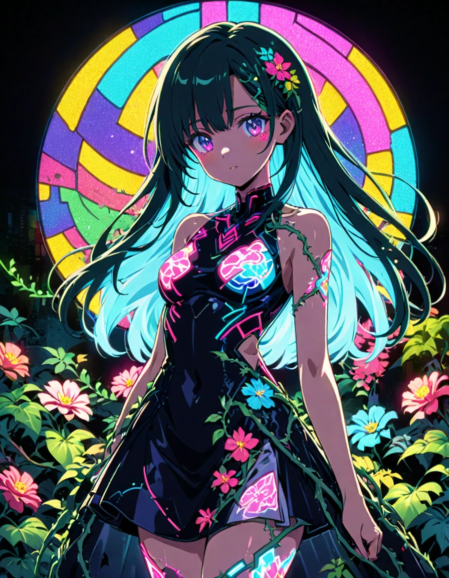 A beautiful anime girl in the style of Shoujo manga, stained glass dress, black background, vibrant colors, night time, cyberpunk, flowers and vines everwhere, neon lights glowing through all the plants and foliage --ar 71:128 --s 750 --niji 6 --style raw