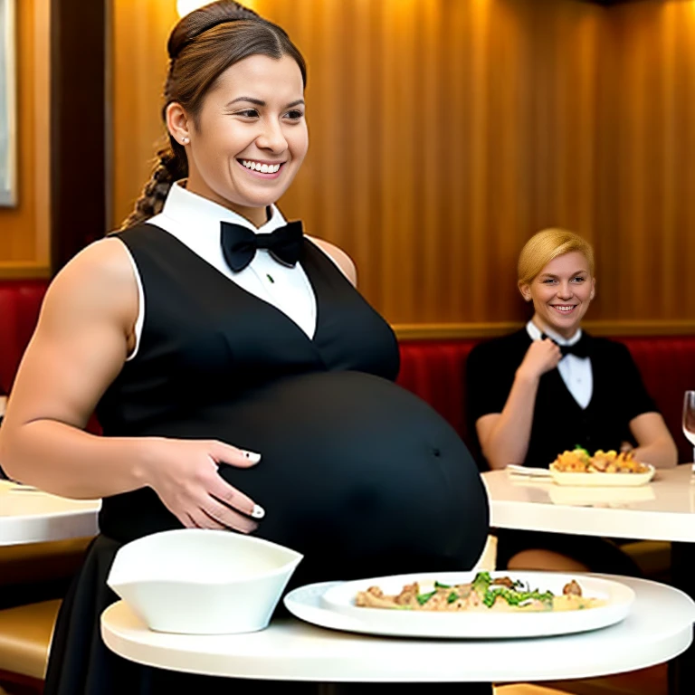 a still image of a female waitress with her hair tied back into a bun wearing a classical white and black uniform and bow tie at an empty 5 star restaurant, she is grinning happily and holding a large round serving tray of food. She is serving food to a 40 year old chubby blonde pregnant woman wearing a black dress and a pearl necklace. The pregnant woman sitting at a table by herself with a pained expression, and a comically inflated belly.