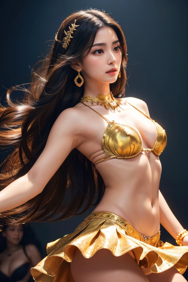 Anatomically correct depiction、masterpiece、Highest quality、8k、Attractive beautiful large almond-shaped eyes、Big black eyes、Long eyelashes、美しい桜colorの唇、A high, well-defined nose、color々Hairstyle、美しく輝くcolor々な髪color、((Realistic:1.3))、Bold composition、Highly detailed face、Detailed、Golden Ratio Face、Ultra-high resolution、Beautifully detailed and realistic tanned skin、dancer、Dancing Princess、Dance of Passion、sexy、Eros