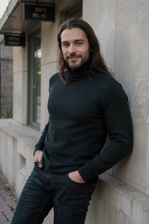 Tall 1.85 metres, English Male, 38 years old, muscular, thin, unshaved stubble beard, olive skin, tanned, handsome green eyes, deep sight, wavy long hair, classy dressed casual badass, in black clothes smiling, he wears, black jeans, turtleneck sweater