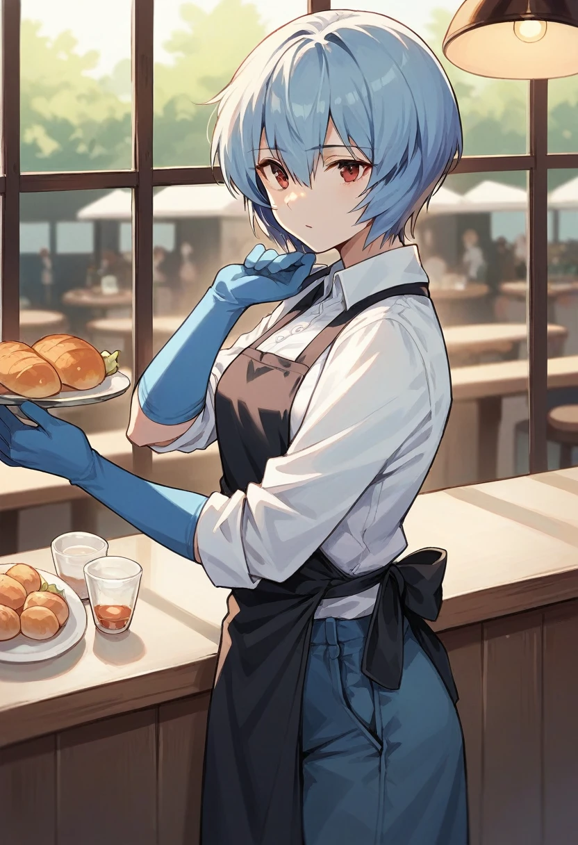 1girl, rei ayanami, ((blue half elbow gloves)), (white shirt), ((long sleeves)), (black apron), (pants), looking at viewer, standing, ((works in a cafe)), solo, ((in blue half elbow gloves))

