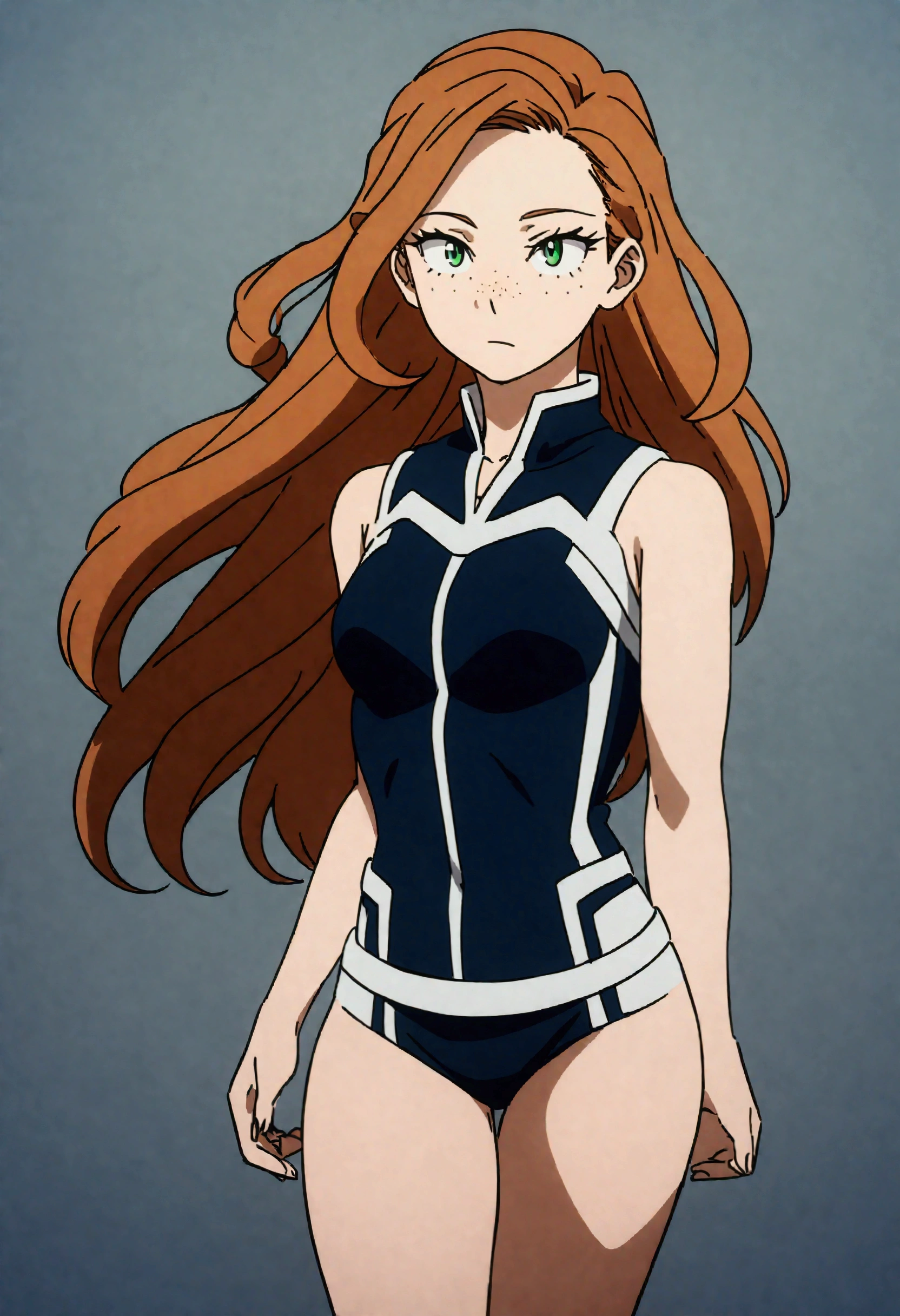 She is a 15 year old teenager, (whole body ), she has slightly disheveled long ginger hair, light brown eyes, with some freckles on the nose area  , fit body , anime art slyle my hero academy , , sexy face , she is dressed in the anime female uniform "my hero academia",  just in swimwear , 8k, high quality, masterpiece, , cinematic, vivid colors, shining green eyes