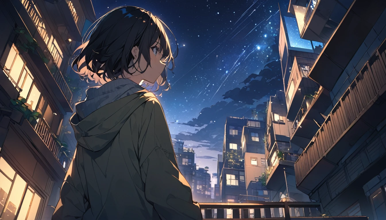 Starry Sky、Night view、City、A woman at the center、Black Hair、Short Hair、Hair blowing in the wind、Wearing a hoodie、Back view、Full body portrait、Overlooking the city from the balcony、Angle viewed from below