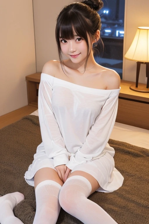 high quality, detailed,(at night:2.0)she is japanese gal,standing,she has a mole under her eye,very small breasts,(wearing long sleeve white oversized t-shirt dress,offshoulder,very very wet thin fabric shirt,),blunt bangs,((bun hair)),huge smile,((wearing overknee socks)),slender,face up,nipples