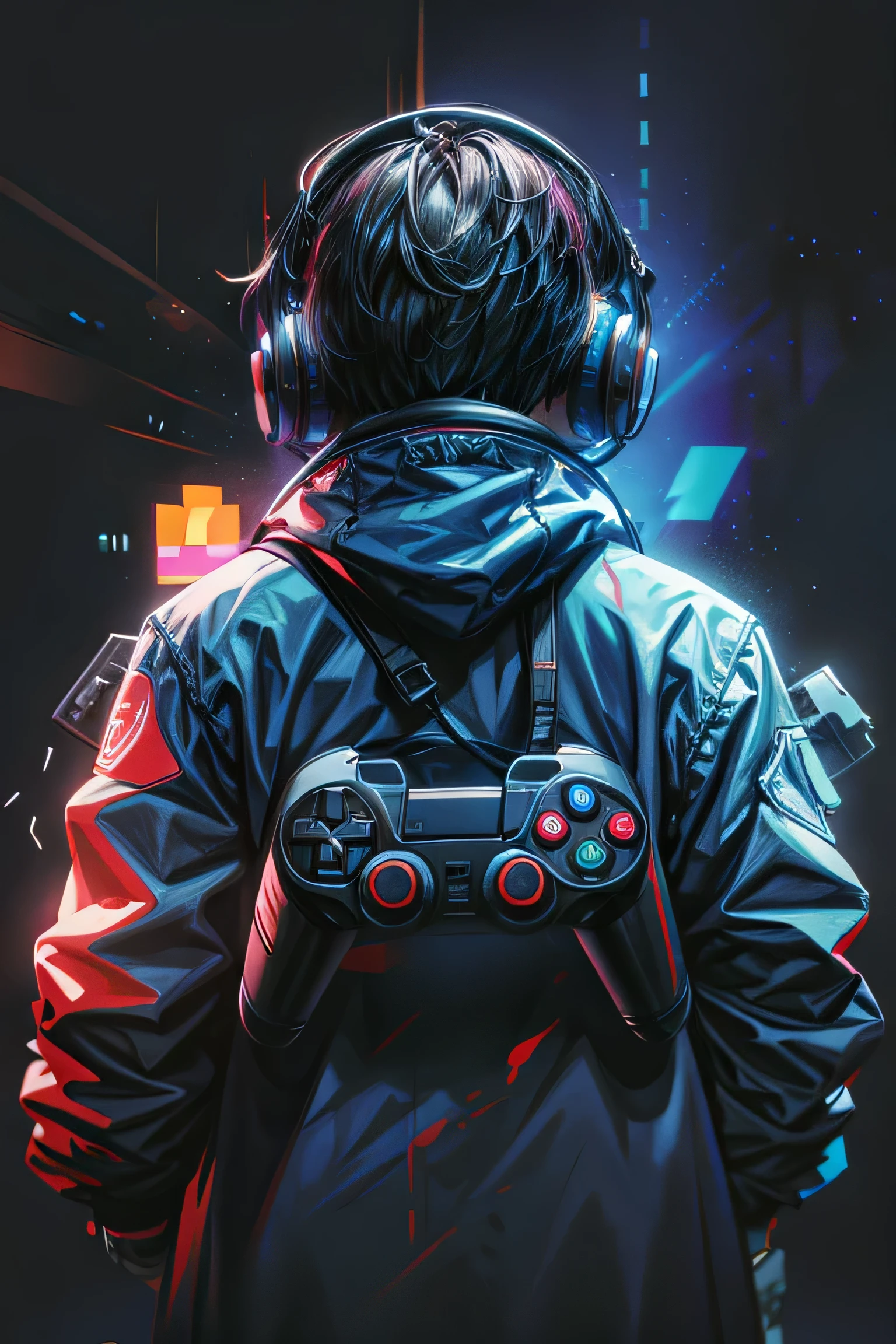 a boy with a coat facing away from him, a headset in his ear and a controller in the middle of his back, cyberphunk style background with neon gamer