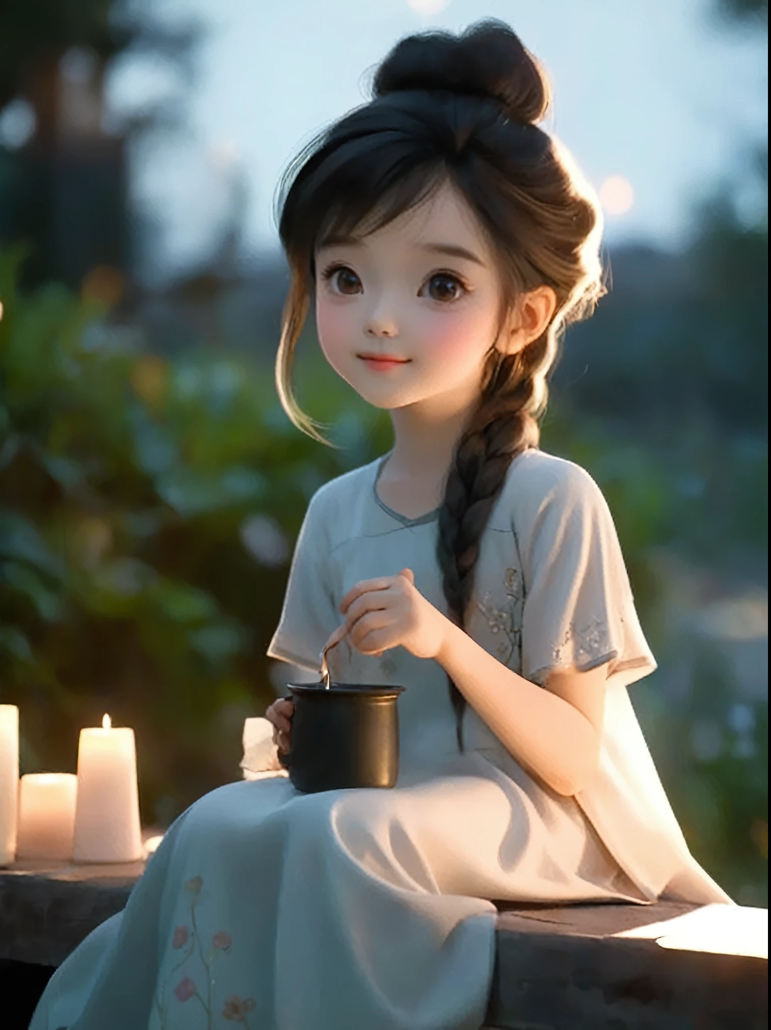 A long-haired girl sitting on a bench,Holding a cup in hand, charming细致的数字艺术, charming的数字艺术, charming卡通 character, charming的肖像, charming卡通, charming的角色, Soft portrait shots 8 k, charming的数字, charming的 3d 渲染, charming, charming的动漫女孩, charming美丽, Beautiful soft lighting, charming, charming的卡哇伊女孩