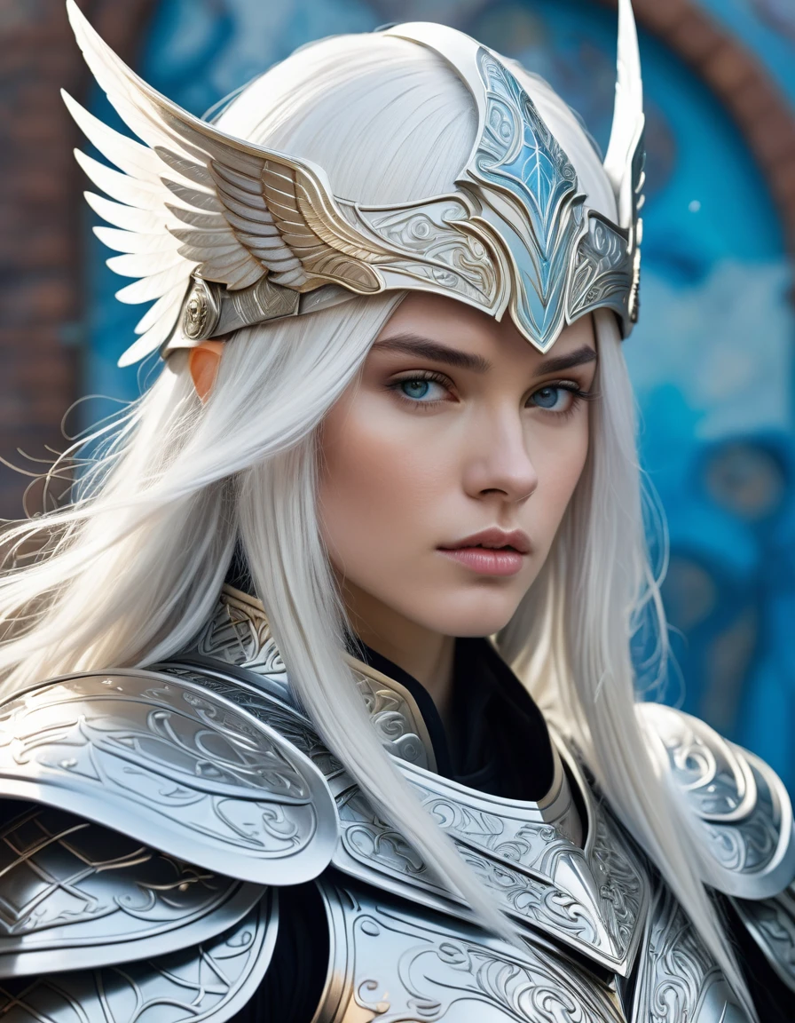 Digital fantasy artwork featuring a character Griffith with long, flowing white hair and a serious expression. The character has fair skin and is dressed in elaborate, silver armor adorned with wing-like designs on the shoulders and arms. The armor is highly detailed, with a metallic sheen and intricate patterns. The background is a blend of light blue and white hues, giving a celestial or ethereal atmosphere. The character holds a helmet under one arm and a sword in the other hand. At the bottom right corner of the image, the phrase "Artvision1999" is printed in 3D, graffiti-style metallic letters, with a subtle glow effect to give it a sense of depth and modernity. The overall composition is dynamic and visually striking, with a focus on the character's powerful and majestic presence.