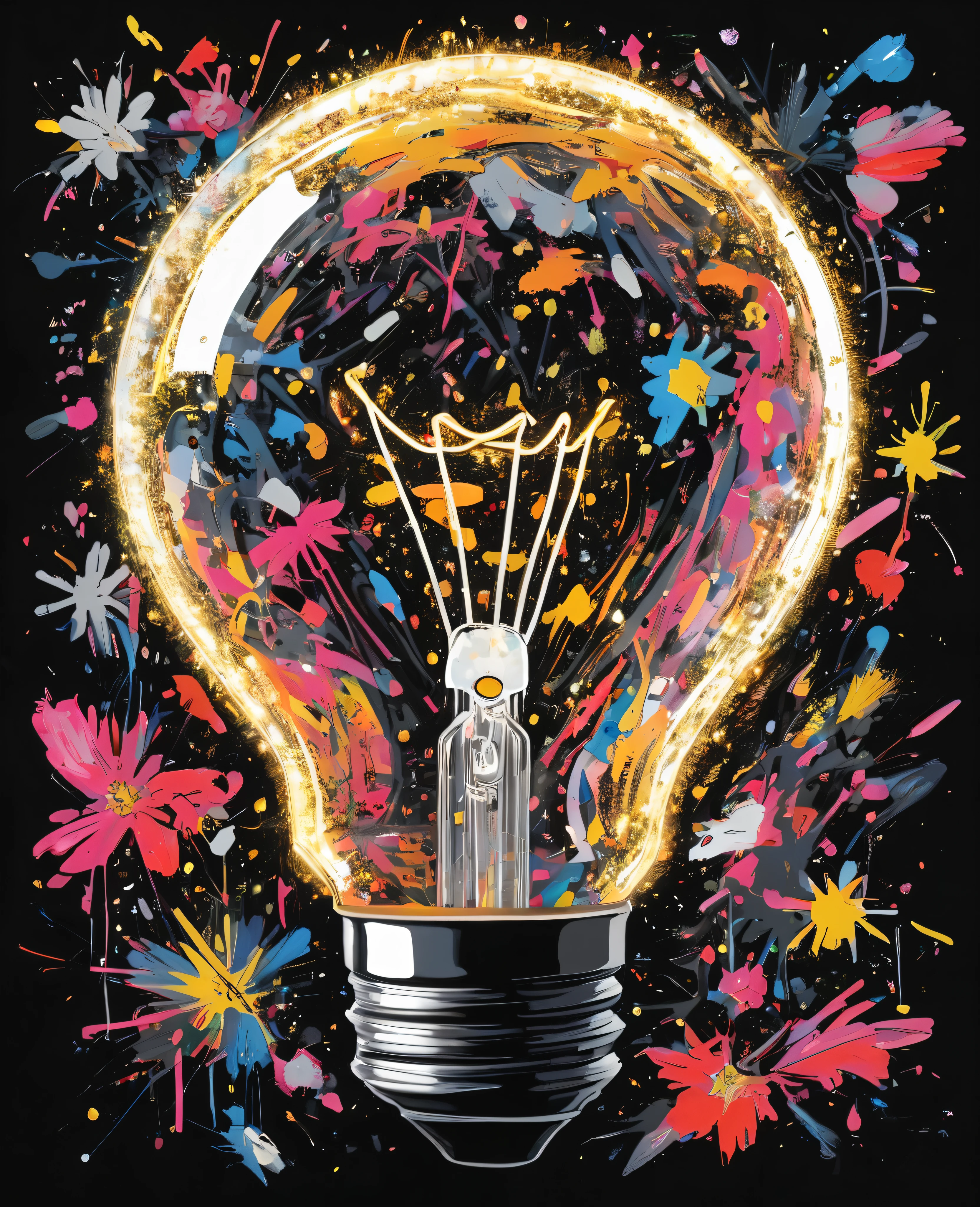 Graffiti, scribble, Comics by Petra Cortright, best quality, masterpiece, glittery 1 light bulb artwork, Representative work, official art, Professional, Ultra intricate detailed, 8k, 1 light bulb art, black background 