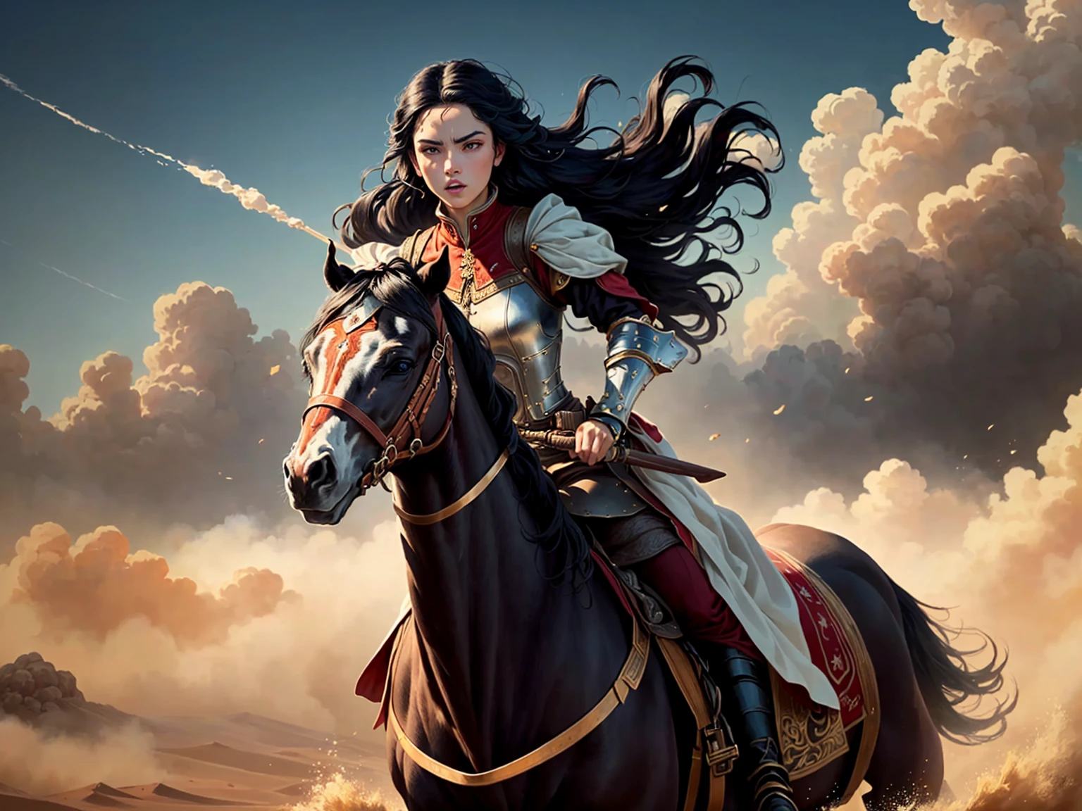 ((best quality)), ((masterpiece)), (detailed), A digital illustration of a young furious queen riding a horse at a full speed in a desert storm, with a crowd behind her. She has long black hair and is wearing a traditional war dress.