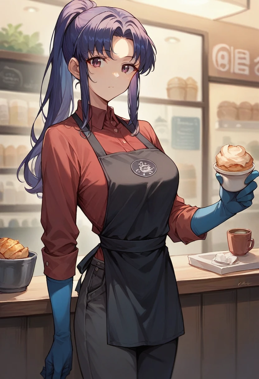 1girl, misato katsuragi, ponytail, ((blue half elbow gloves)), (red shirt), ((long sleeves)), (black apron), (pants), looking at viewer, standing, ((works in cafe)), solo

