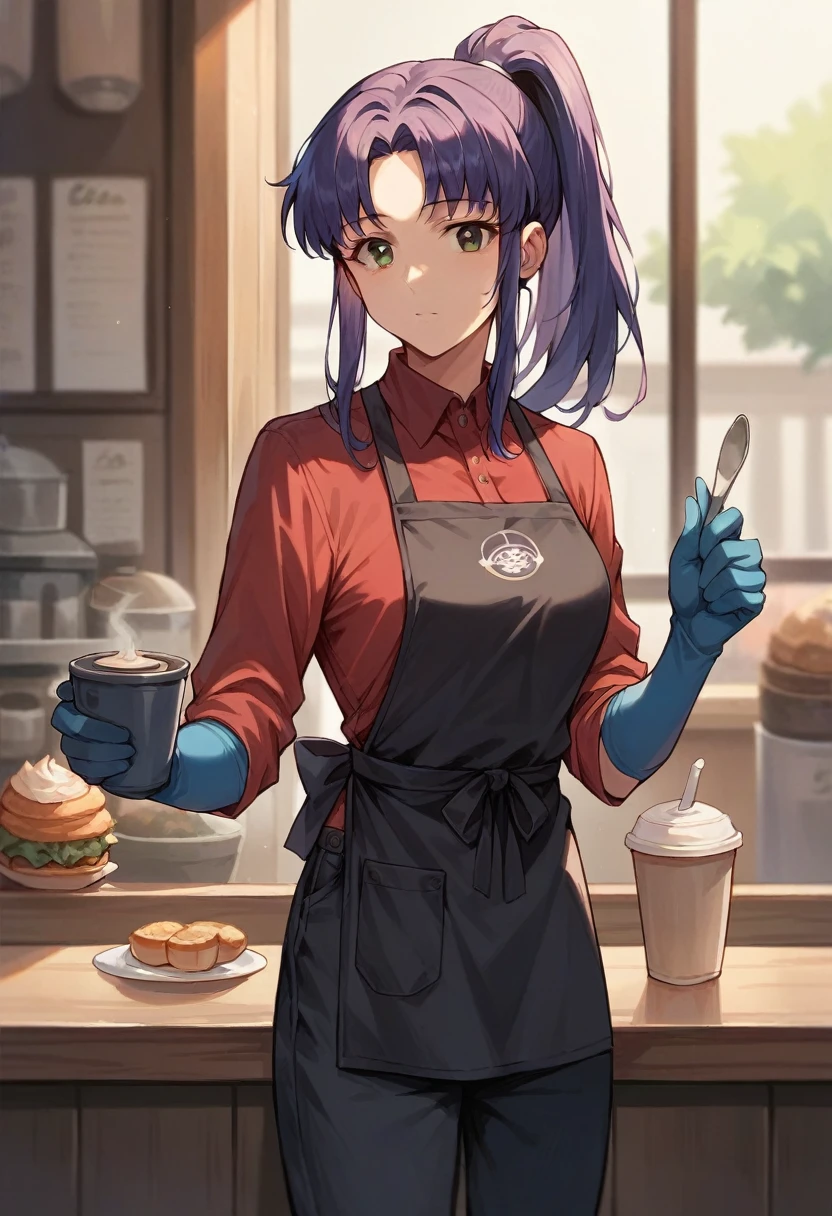 1girl, misato katsuragi, ponytail, ((blue half elbow gloves)), (red shirt), ((long sleeves)), (black apron), (pants), looking at viewer, standing, ((works in cafe)), solo