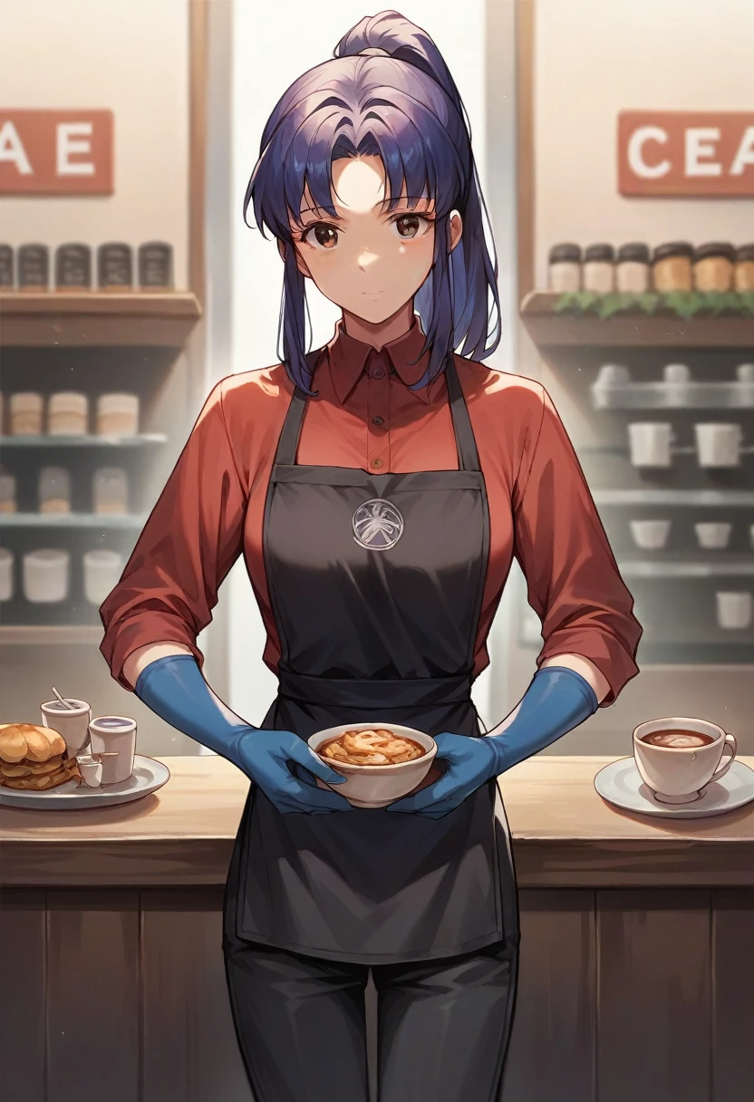 1girl, misato katsuragi, ponytail, ((blue half elbow gloves)), (red shirt), ((long sleeves)), (black apron), (pants), looking at viewer, standing, ((works in cafe)), solo