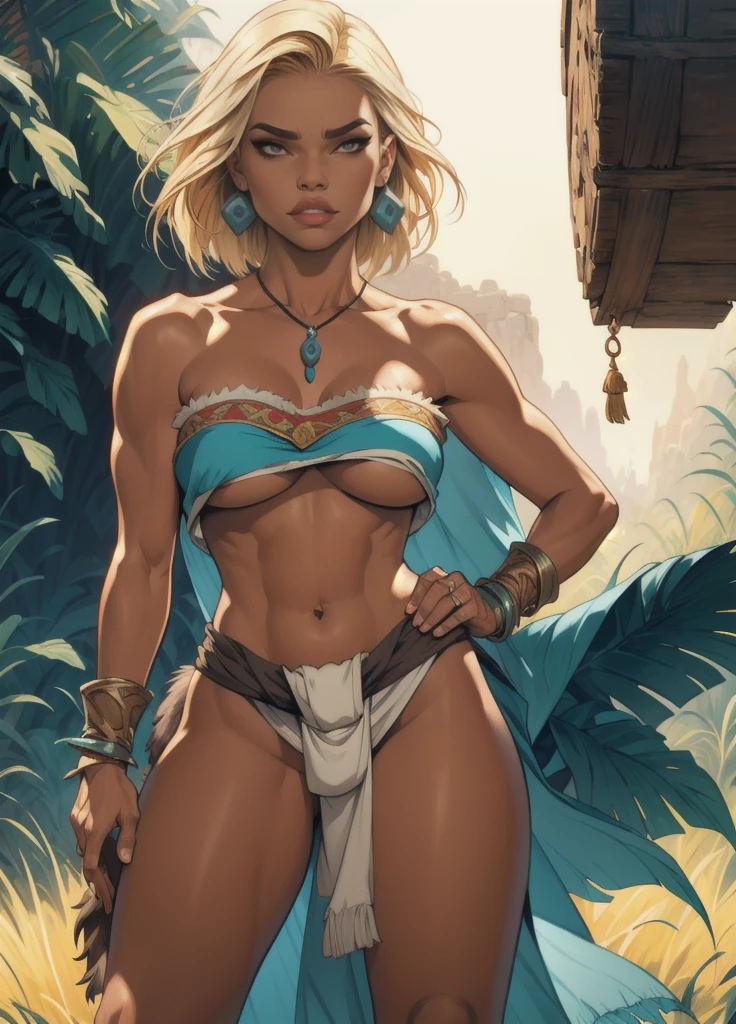 chel, eldorado, a cute barbarian girl with short blond hair based on Jenna Ortega dressed in animal hides and pelts, hentai, explicit, highly detailed cinematic fantasy portrait, black outlining, full color illustration, in the style of BORIS VALLEJO & JULIE BELL, masterpiece, 8k, ultra-detailed, physically-based rendering, vivid colors, dramatic lighting, intricate background, photorealistic