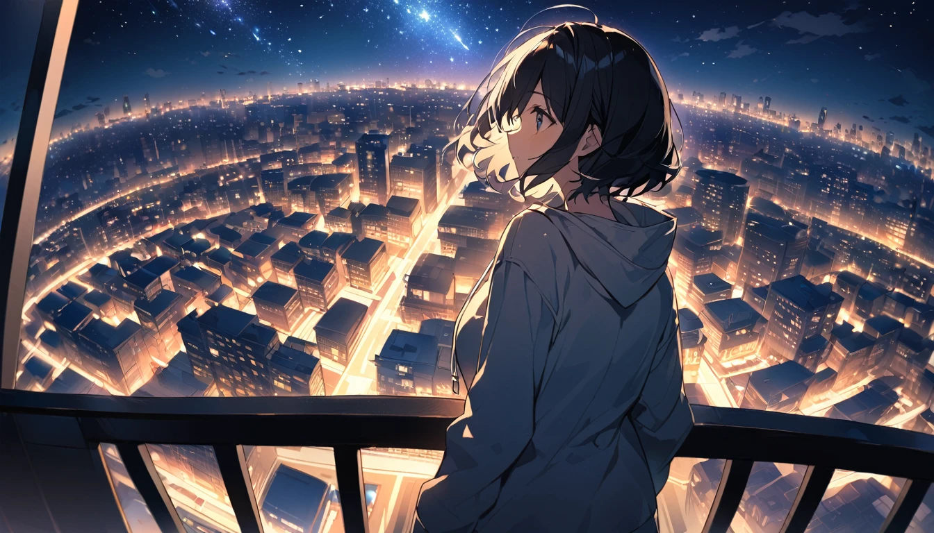 Starry Sky、Night view、City、A woman at the center、Black Hair、Short Hair、Hair blowing in the wind、Wearing a hoodie、Back view、Full body portrait、Overlooking the city from the balcony、Angle viewed from below