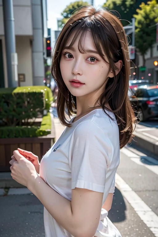 hyper realistic lifelike texture dramatic lighting unreal engine trending on art station, award winning photo, nikon RAW photo,8 k, Fujifilm XT3,masterpiece, best quality, realistic, photorealistic, ultra detailed, extremely detailed face, solo,1girl, standing, fashionable and trendy atmosphere, close up, t-shirt, smooth hair