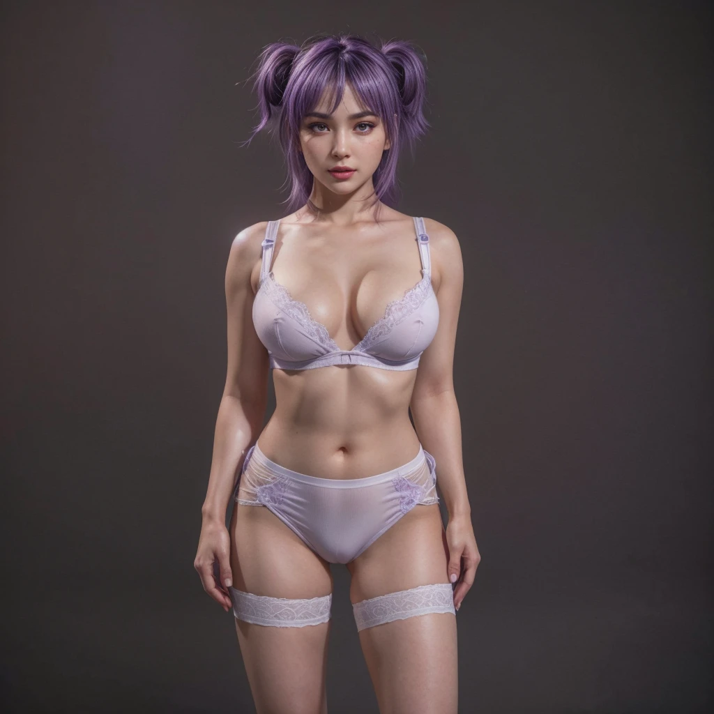 Ayane, Purple hair, (best quality, Ultra-detailed), (realistic:1.37), beautiful and detailed face, ultra-realistic texture, delicate face, delicate body, red lipstick, long-lasting colors. high definition, 8K.