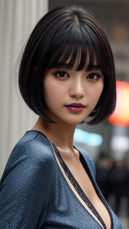 a close-up of a woman with , ela tem cabelo preto with bangs, hime black haircut, , korean, with short hair with bangs, with short hair, dilraba dilmurat, garota korean cruel, hairstyle with bangs style, with bangs, korean symmetrical, Trendy clothes,,,,,,,,,,,,, ultra-detailed portrait of lips with electric blue lipstick highlighted by lighting.The image is full HD with impressive clarity that captures every detail,from the soft lines of the lips to the subtle shine of the lipstick. the lighting accentuates the depth of the color,creating a dramatic and seductive effect,with a dark background to contrast and highlight the lips. with a v-neck shirt highlighting her beautiful breasts.