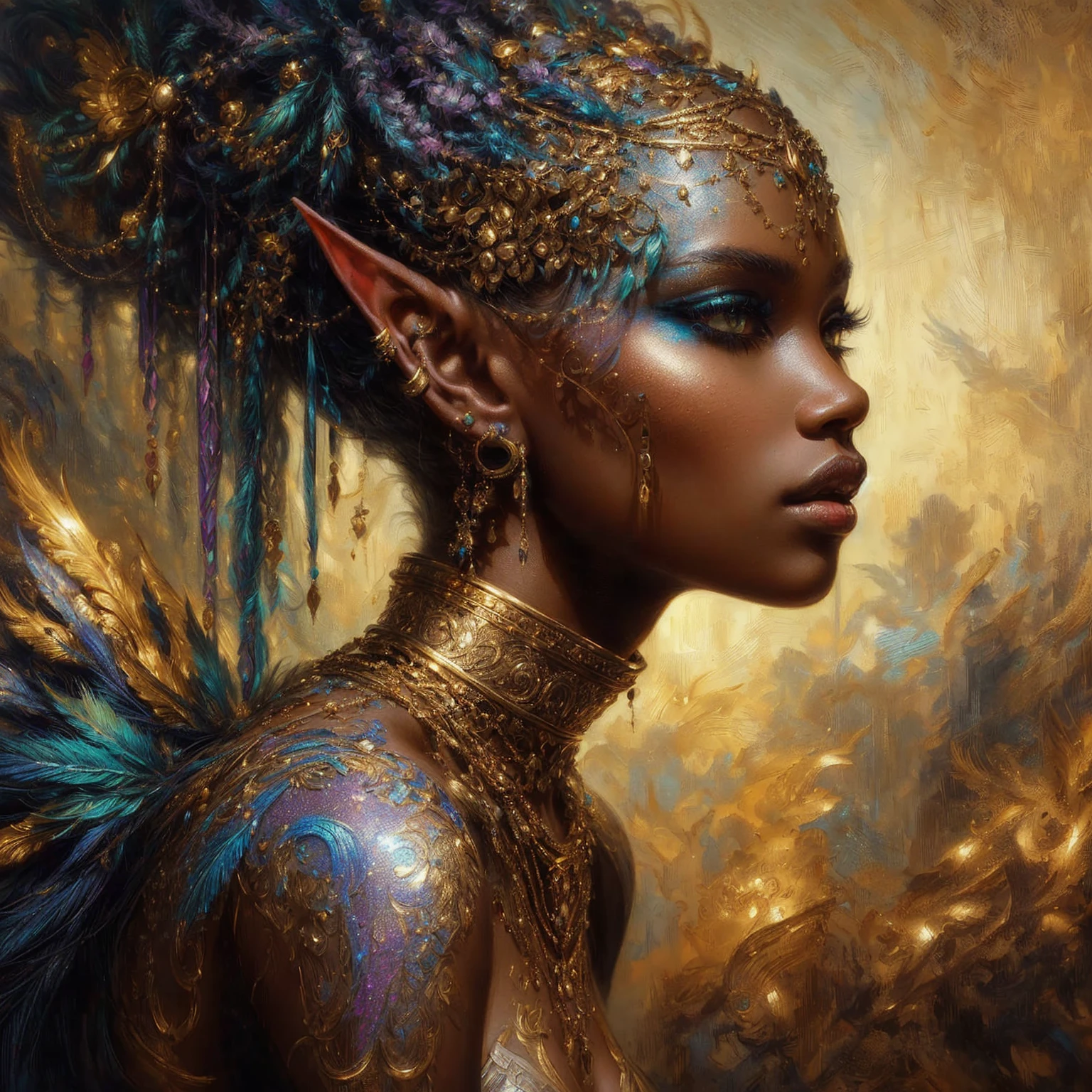 painting of a woman with a feathered headdress and a gold body, dark skin female goddess of love, black art, beautiful fantasy art portrait, fantasy portrait art, fantasy art portrait, black african princess, beautiful fantasy portrait, afrofuturism, fantasy woman, amazing fantasy art, fantasy art, beautiful character painting, portrait of an elf queen, beautiful digital artwork
