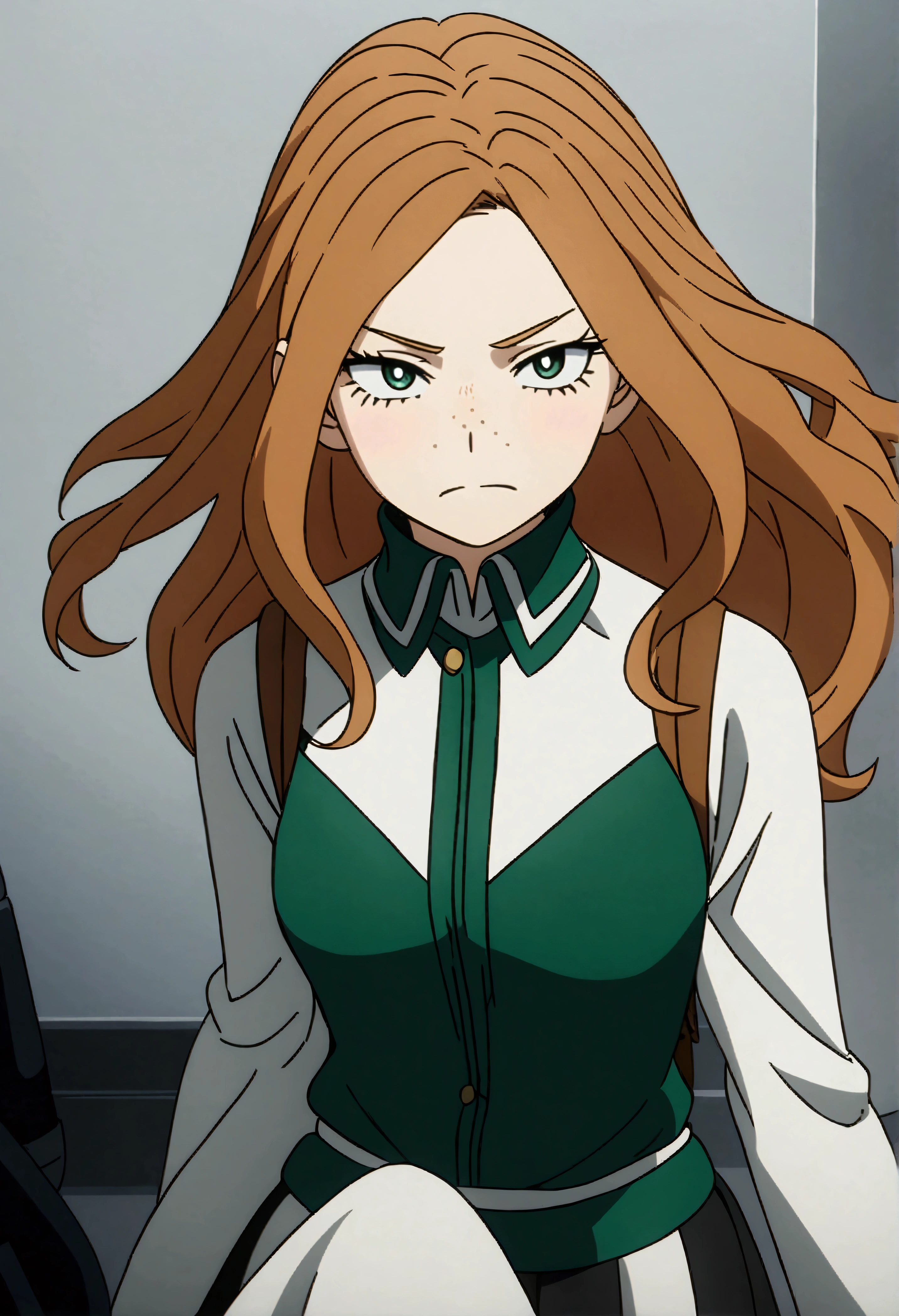 She is a 15 year old teenager, (whole body ), she has slightly disheveled long ginger hair, light brown eyes, with some freckles on the nose area  , fit body , anime art slyle my hero academy , , sexy face , she is dressed in the anime female uniform "my hero academia",   , 8k, high quality, masterpiece, , cinematic, vivid colors, shining green eyes