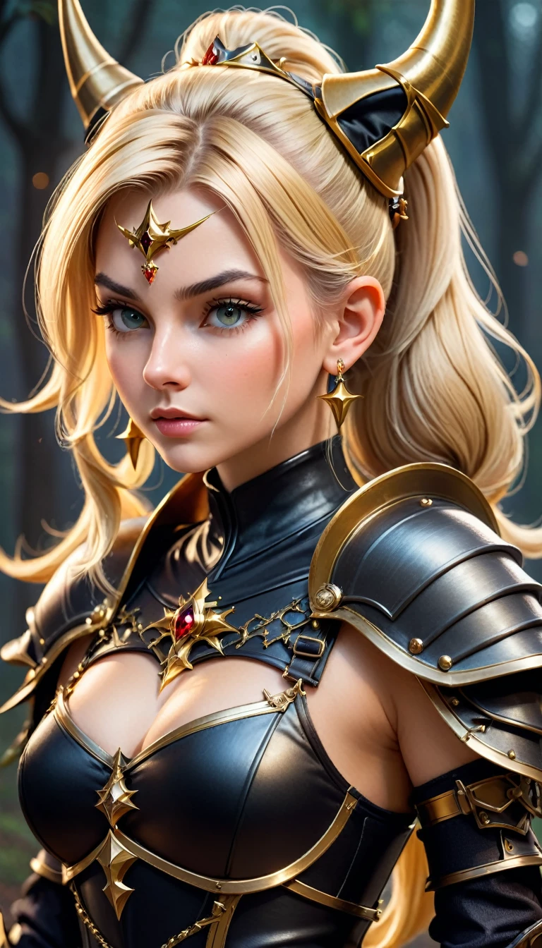 Beautiful Witch Blonde Focused and Concetrated and Determined Girl with two golden sharped swords in her hands with a Beautiful Ponytail Blonde Hair wearing a Witch Hat and wearing a Witch Chestplate Armor wearing Gloves with Jewelry Earrings with Pose Profile with the Best Quality with High Details with Textured Skin as a Masterpiece in a High Resolution in 8K Quality, Good Quality