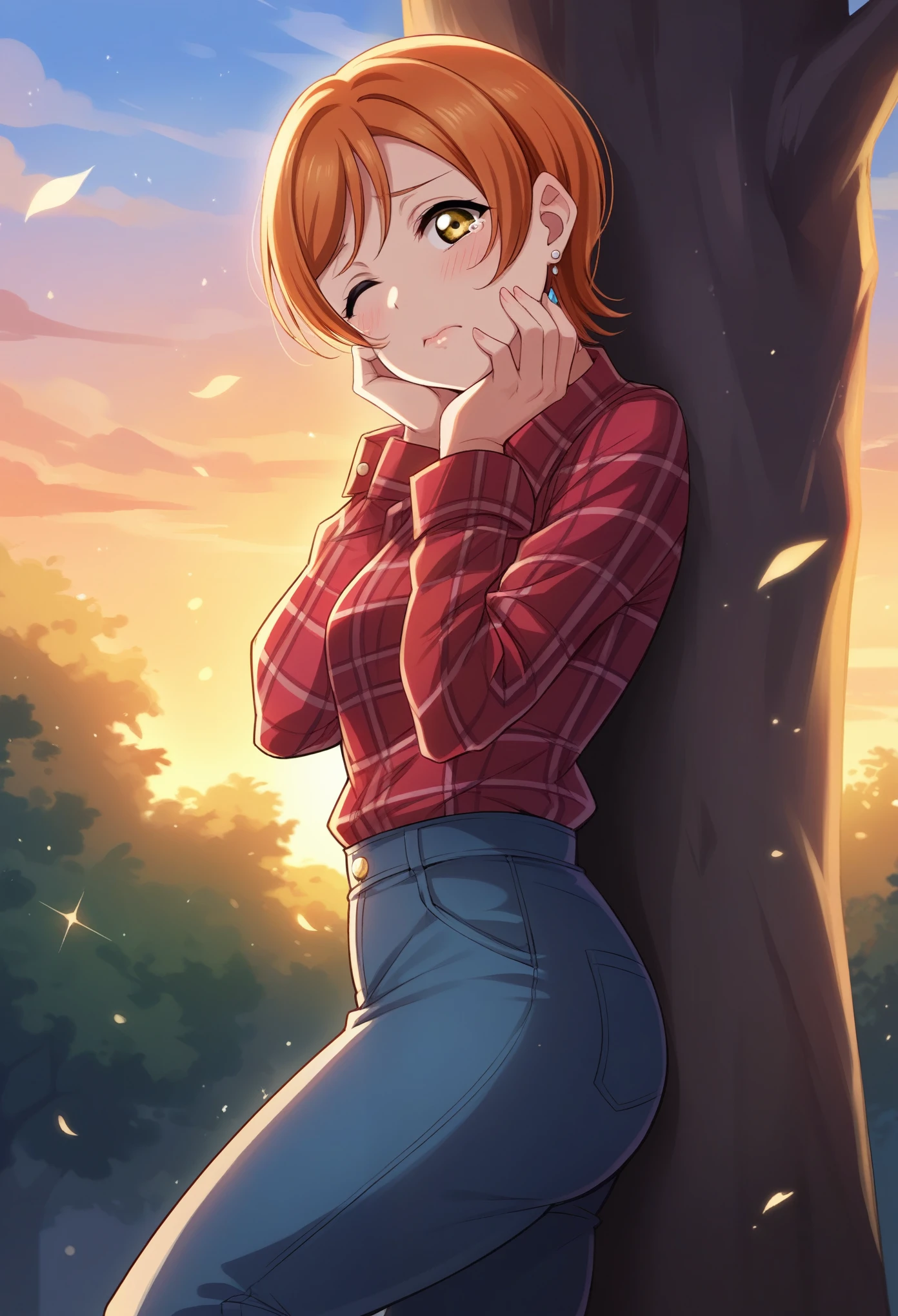 (Masterpiece, Best Quality, High Quality), from side, Rin Hoshizora Love Live, orange hair, yellow eyes, cowboy shot, blush, earrings, sky, plaid shirt pants,(lipstick:0.7), medium breasts , shiny eyes ,solo, leaning on , against tree,hand on cheek , shiny lips, sunset , sad, closed mouth , looking at viewer, tearing up , semi-closed eyes