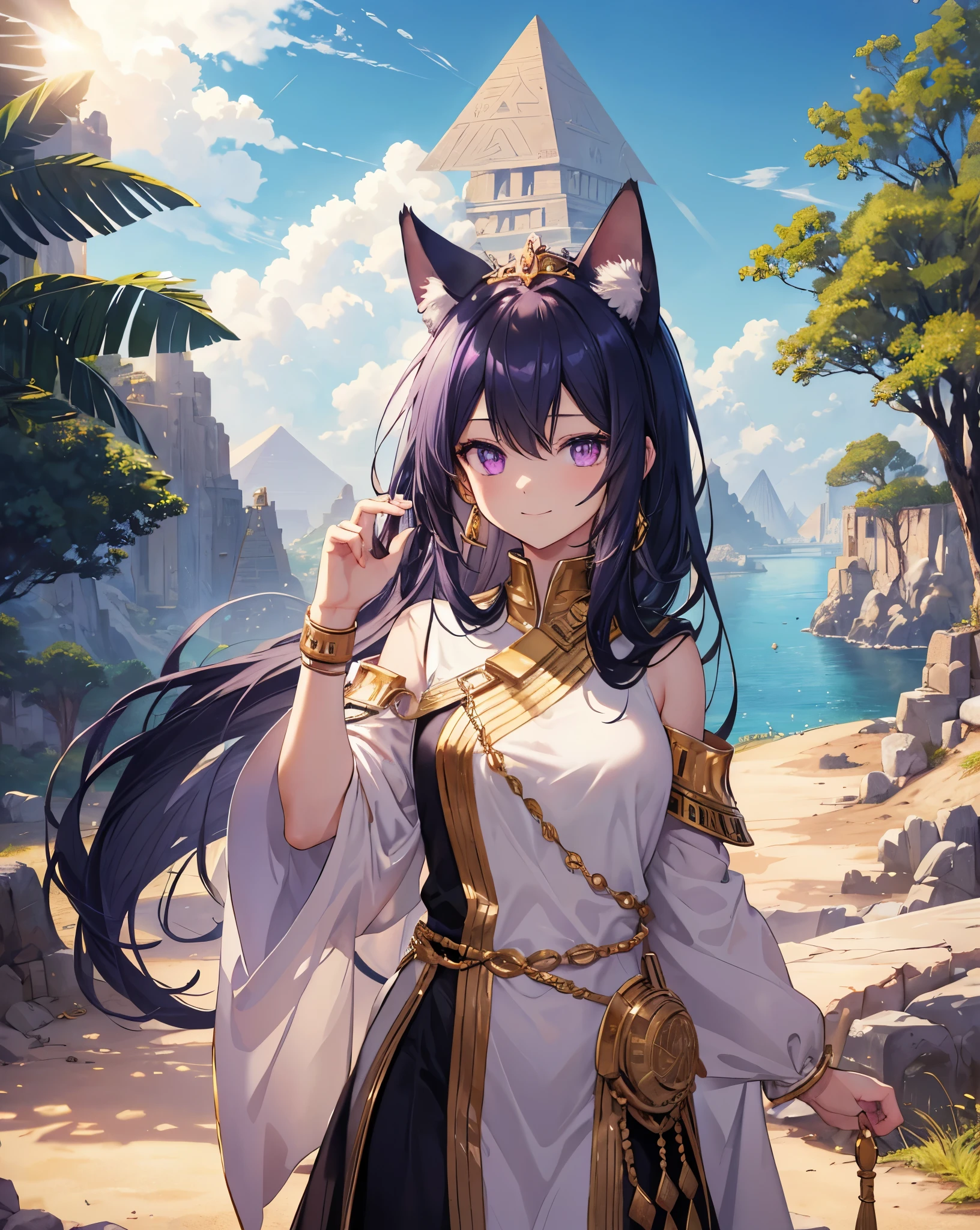 Masterpiece, best quality, ultra detailed, HDR, 8k, anime digital art. Am Egyptian god inspired girl with long black hair, neko ears, cat tail, purple eyes, detailed eyes. She is like a god. Made up like an ancient Egyptian.  purple reflexes. She is smiling a bit. blue sky with little white clouds, sun on the horizon, and a glorious ancient Egypt skyline. Sunflare. King pose.Fantastic and beautiful light creates a mysterious atmosphere. Blue sky, some white clouds, Heaven, cliff, mirage, meteorite, moon, and gold accessories enhance the scene. She is the Pharaoh, set in the era of prosperity and wealth along the Nile River with green plantations. Incredible Egyptian epoch scenery. Wear a gold tiara. Cool cute Portrait zoomed. Stunning quality.  scenery