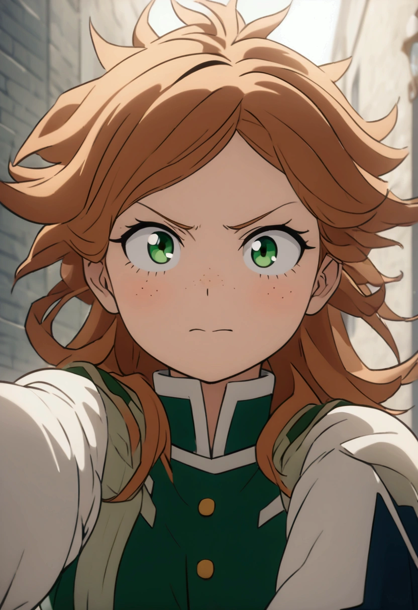 She is a 10 year old kid, ( looking at the Viewer), she has slightly disheveled long ginger hair, light brown eyes, with some freckles on the nose area  , fit body , anime art slyle my hero academy , , cute face , she is dressed in the anime female uniform "my hero academia",   , 8k, high quality, masterpiece, , cinematic, vivid colors, shining green eyes