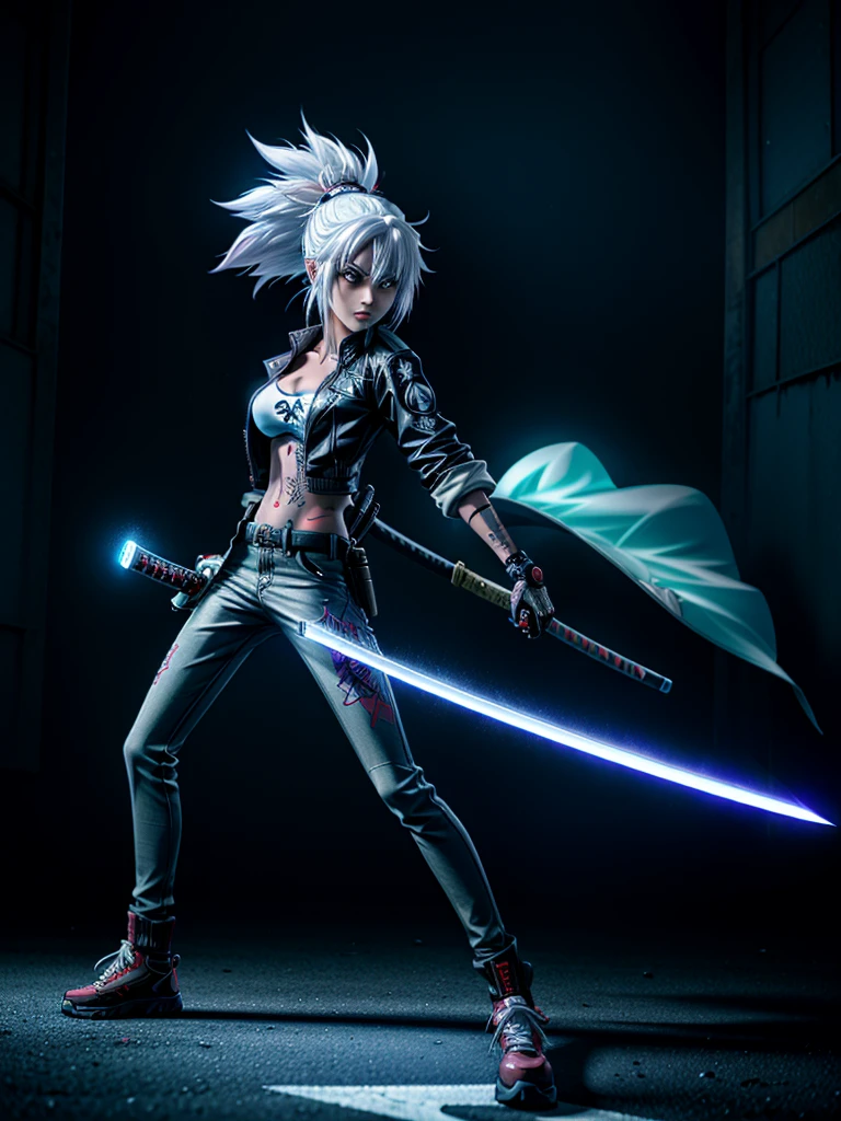 An anime style photo of white haired warrior in a jacket standing in the middle of a neon-lit road, holding a katana , her katana blade glows in the dark. masterpiece, 8 K, HD, anime style , cyberpunk , tattoos all over the body, Postapocalyptic, hyper detailed, complex design, Ultra-high detail, super resolution, ariel view, fighting stance, preparation for battle, Serious expression, Hyperdetailed katana , masterpiece , —Chaos 45