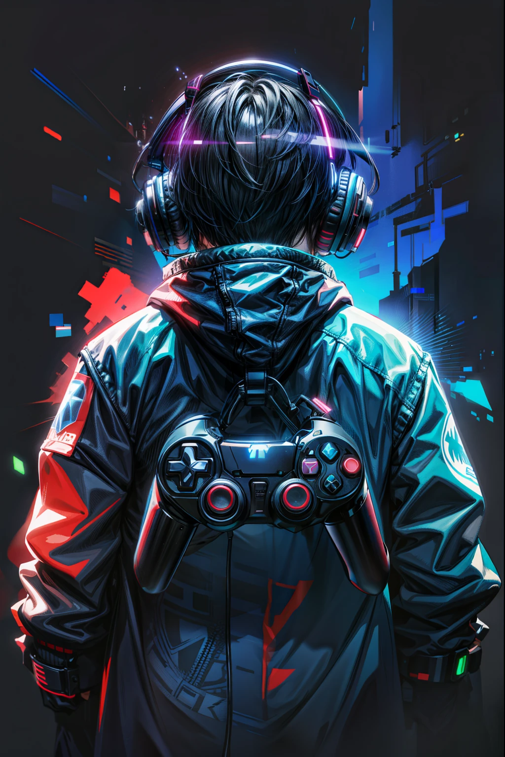 a boy with a coat facing away from him, a headset in his ear and a controller in the middle of his back, cyberphunk style background with neon gamer