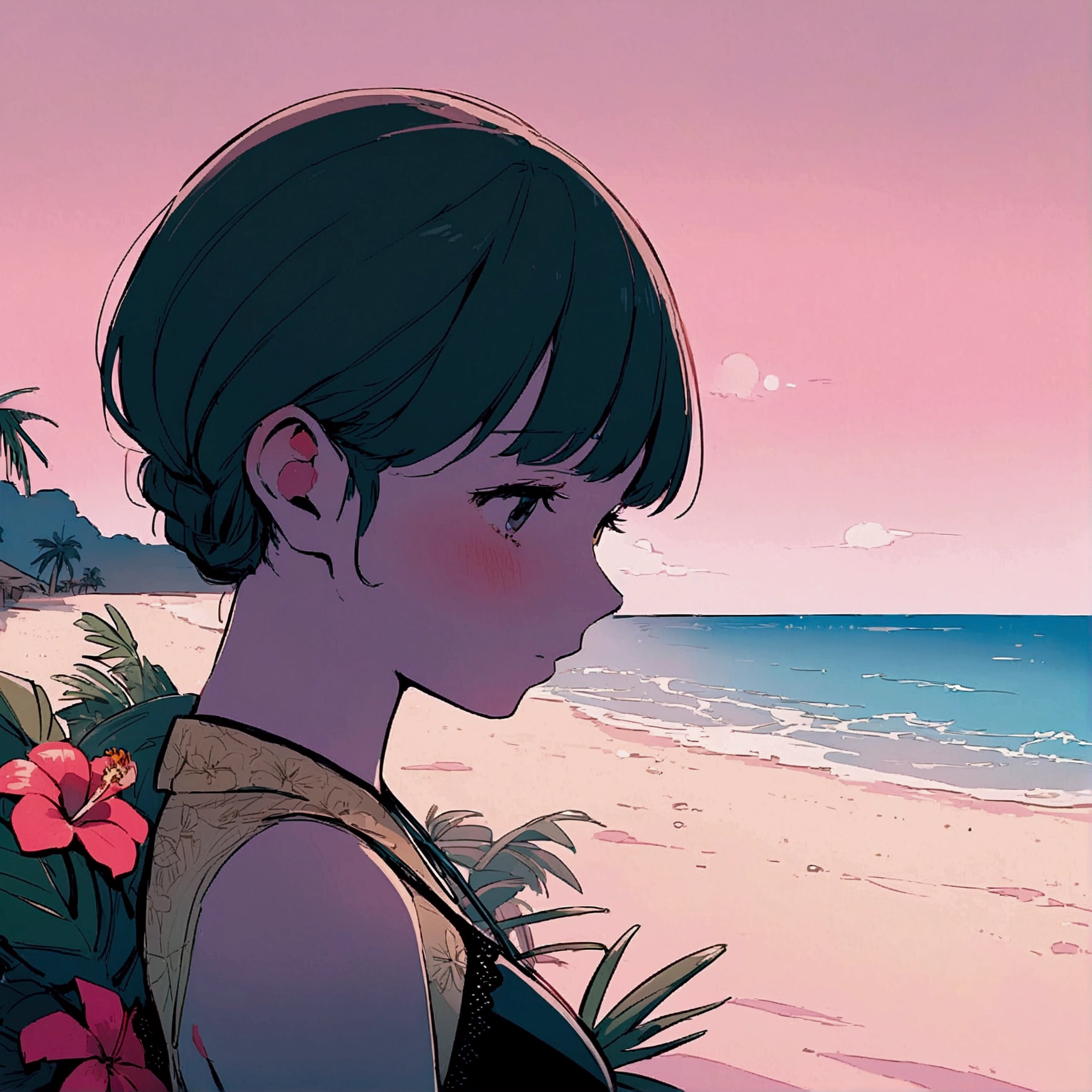 Summer, tropical flowers, pink sky, beach, woman, pop, clear lines, faint light, nostalgic, sad