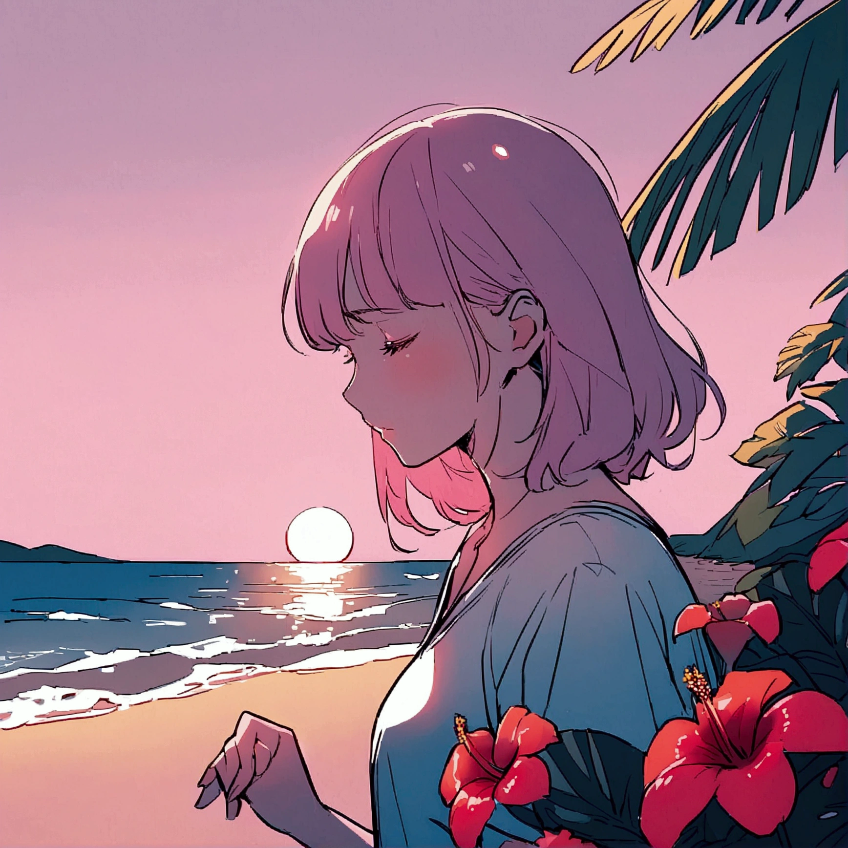 Summer, tropical flowers, pink sky, beach, woman, pop, clear lines, faint light, nostalgic, sad