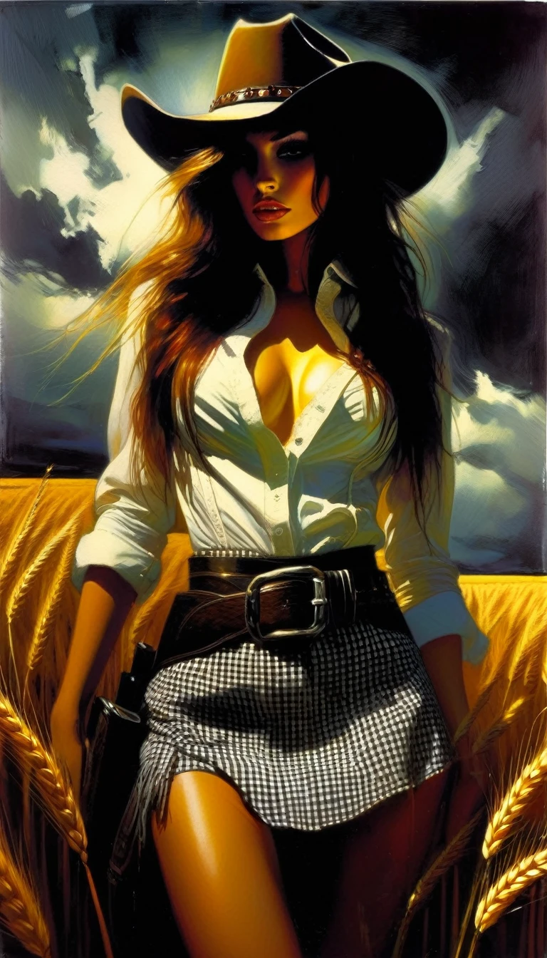 a sexy girl in the middle of a wheat field, very long hair, cowboy hat, unbuttoned white shirt, cleavage, checkered miniskirt, detailed belt, sexy posing, dark clouds, eroticism, sexy image, black and white, between shadows, painting oil painting, chiaroscuro, sensual lighting, dramatic atmosphere, moody, emotional impact, Art inspired by Bill Sienkiewicz