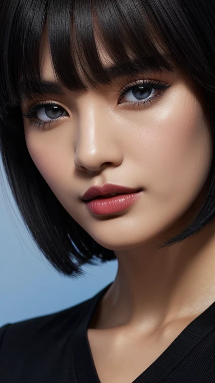 picture a woman with , ela tem cabelo preto with bangs, hime black haircut, , korean, with short hair with bangs, with short hair, dilraba dilmurat, garota korean cruel, hairstyle with bangs style, with bangs, korean symmetrical, Trendy clothes,,,,,,,,,,,,, ultra-detailed portrait of lips with electric blue lipstick highlighted by lighting.The image is full HD with impressive clarity that captures every detail,from the soft lines of the lips to the subtle shine of the lipstick. the lighting accentuates the depth of the color,creating a dramatic and seductive effect,with a dark background to contrast and highlight the lips. with a v-neck shirt highlighting her beautiful breasts,de corpo inteiro