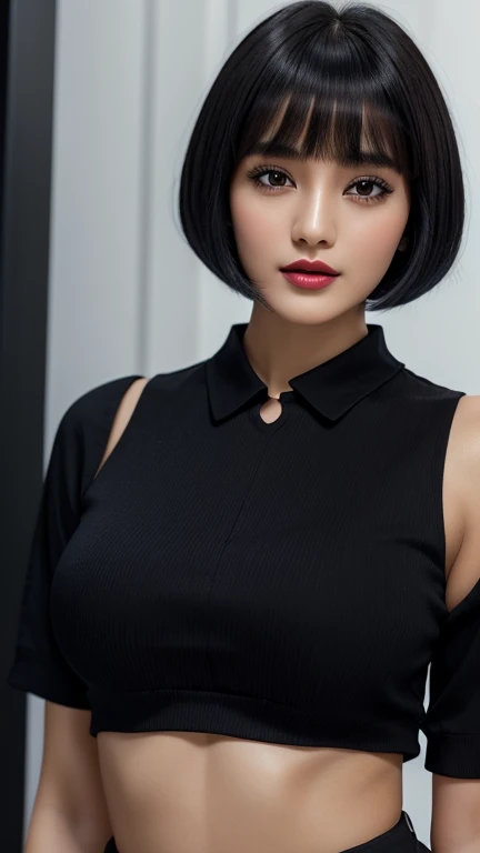 picture a woman with , ela tem cabelo preto with bangs, hime black haircut, , korean, with short hair with bangs, with short hair, dilraba dilmurat, garota korean cruel, hairstyle with bangs style, with bangs, korean symmetrical, Trendy clothes,,,,,,,,,,,,, ultra-detailed portrait of lips with electric blue lipstick highlighted by lighting.The image is full HD with impressive clarity that captures every detail,from the soft lines of the lips to the subtle shine of the lipstick. the lighting accentuates the depth of the color,creating a dramatic and seductive effect,with a dark background to contrast and highlight the lips. with a v-neck shirt highlighting her beautiful breasts,de corpo inteiro