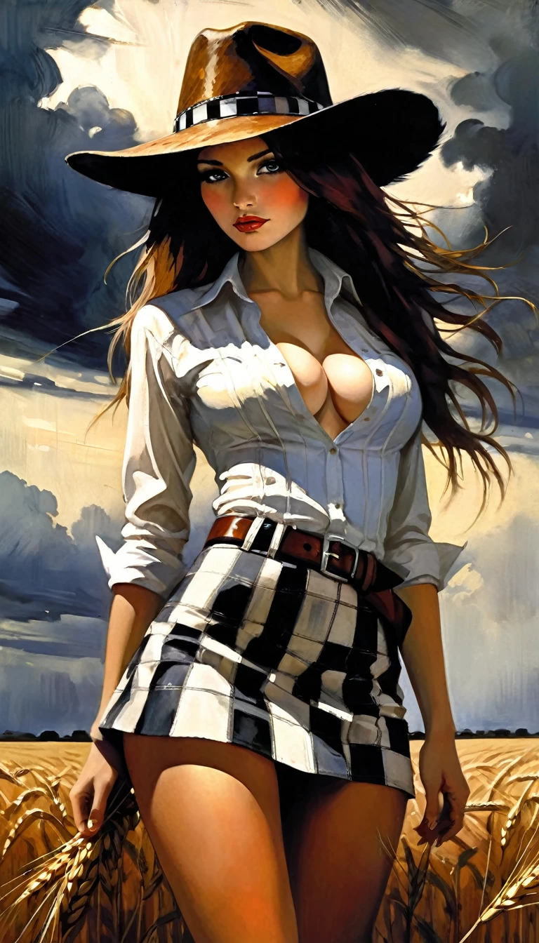 a sexy girl in the middle of a wheat field, very long hair, cowboy hat, unbuttoned white shirt, cleavage, checkered miniskirt, detailed belt, sexy posing, dark clouds, eroticism, sexy image, black and white, between shadows, painting oil painting, chiaroscuro, sensual lighting, dramatic atmosphere, moody, emotional impact, Art inspired by Bill Sienkiewicz